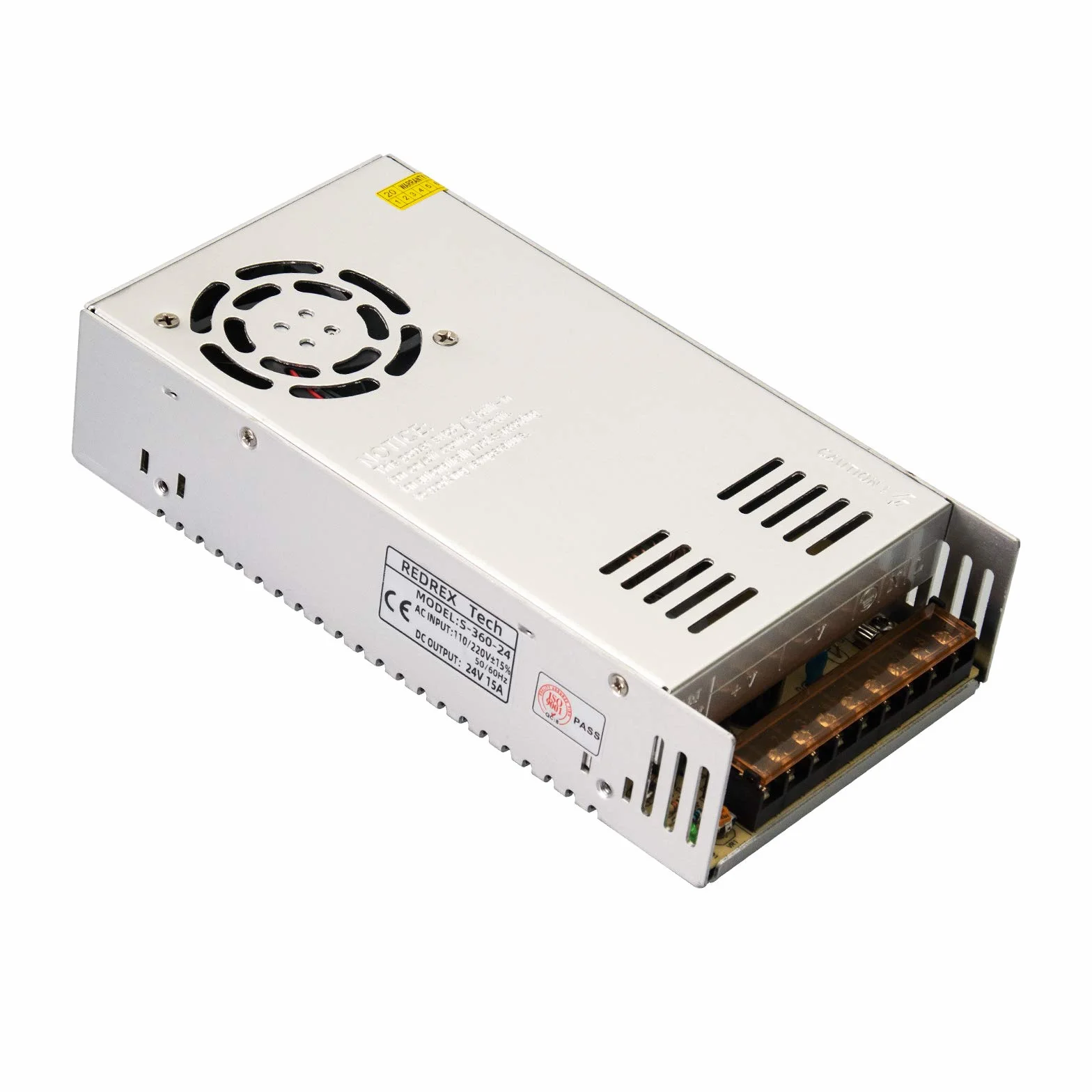 Redrex Uniwersalny regulowany zasilacz impulsowy 24 V 15 A DC, 360 W, zbudowany z wentylatorem chłodzącym o regulowanej temperaturze do CCTV, projektu komputerowego, drukarki 3D, sterownika LED