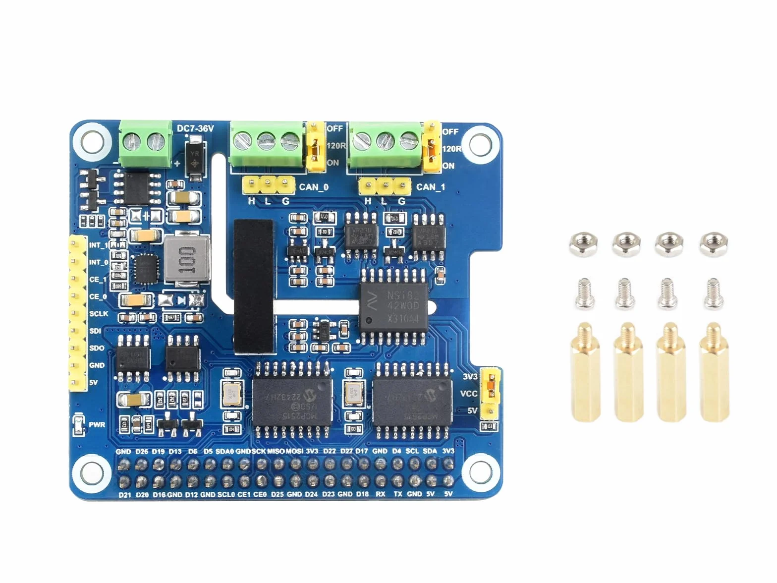 Waveshare 2-Channel Isolated CAN Bus Expansion HAT+ for Raspberry Pi, 7-36V Wide Input, Dual Chips, Stackable