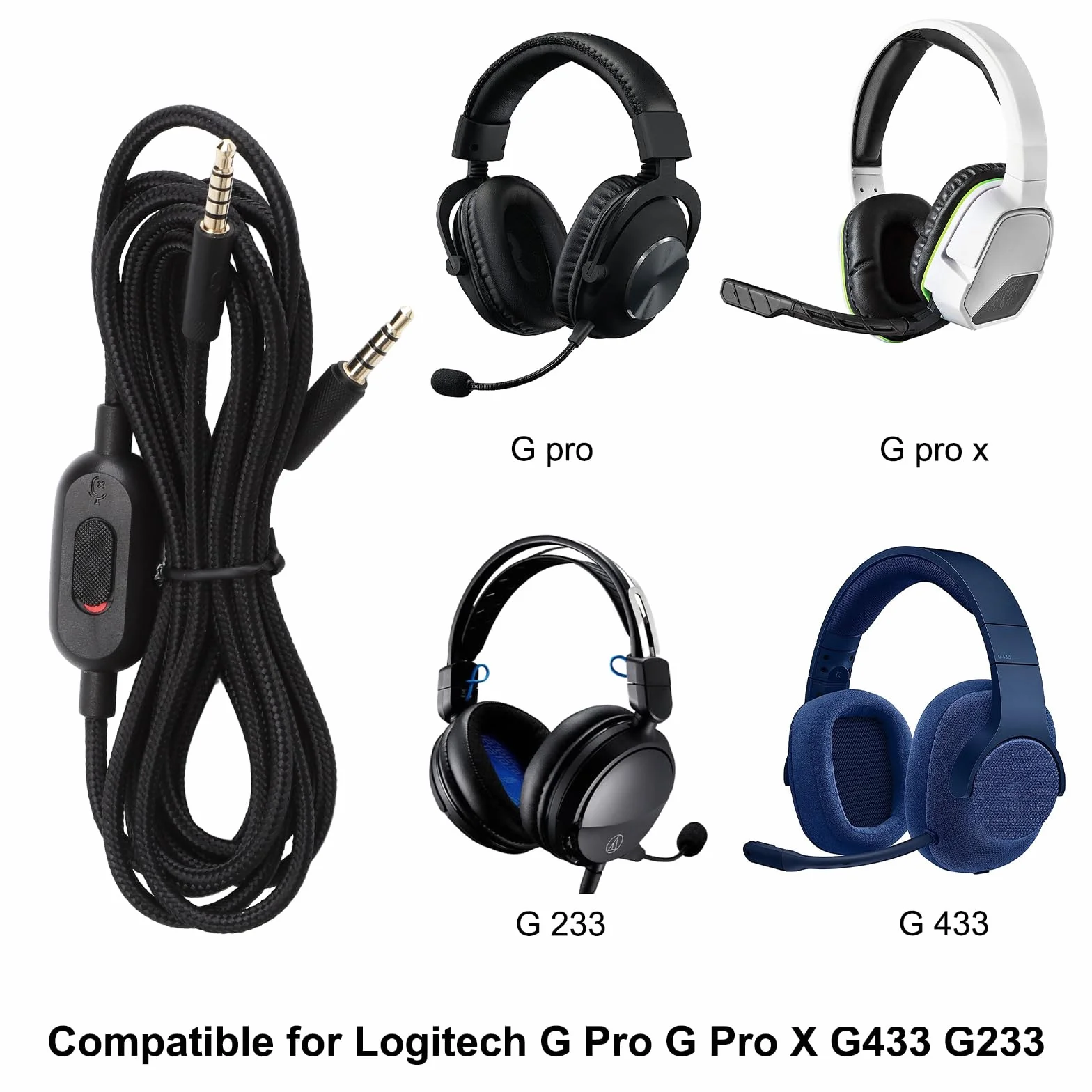 TNSLAND Zestaw słuchawkowy gamingowy, zapasowy kabel audio 200 cm, z regulacją głośności, kompatybilny z G Pro, G Pro X, G433, G233, czarny
