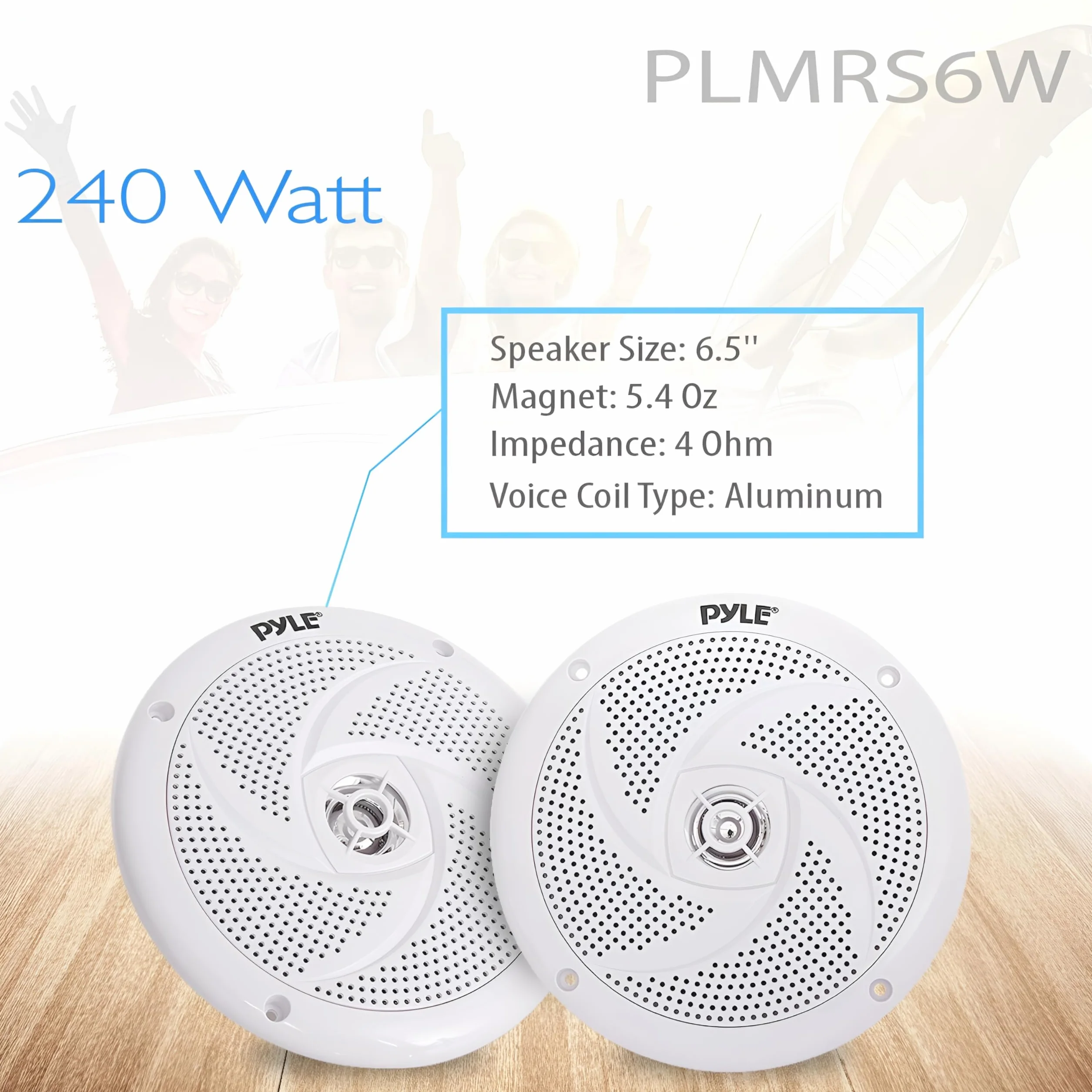 Pyle Marine Speakers - 6.5 Inch 2 Way Waterproof and Weather Resistant Outdoor Audio Stereo Sound System with 240 Watt Power and Low Profile Slim Style - 1 Pair (White)