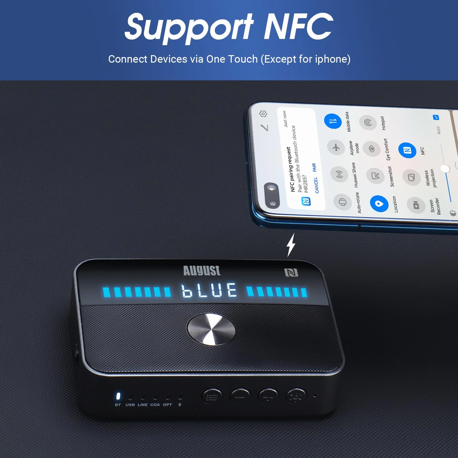 August MR285 Nadajnik i odbiornik Bluetooth ze złączami AUX, RCA, optycznym, koaksjalnym i USB - adapter audio Bluetooth NFC do telewizora, samochodu, słuchawek –wbudowana bateria, podwójne połączenie