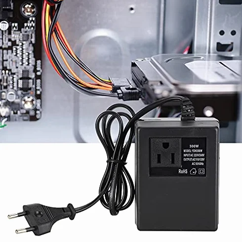 Konwerter Napięcia 300 W Adapter Wtyczki UE, Podróżny Adapter Wtyczki Zasilania, Konwertuje 220 V/240 V na 110 V/120 V, Tworzywo Sztuczne, Czarny, 3,7 X 3 X 2,4 Cala, do Podróży