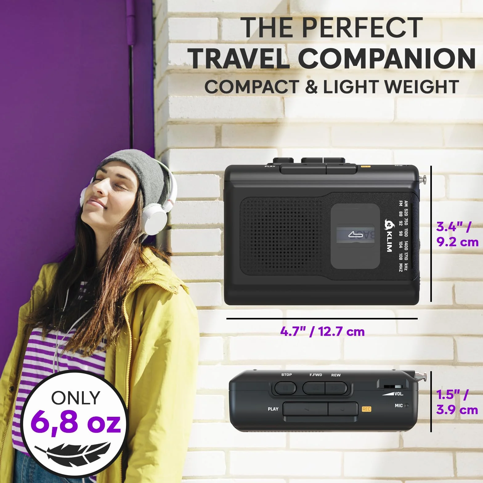 KLIM K8 odtwarzacz kaset z słuchawkami F1 - magnetofon - NOWY odtwarzacz kaset - radio kasetowe AM/FM - wbudowany mikrofon i głośnik - złącze słuchawkowe i słuchawki