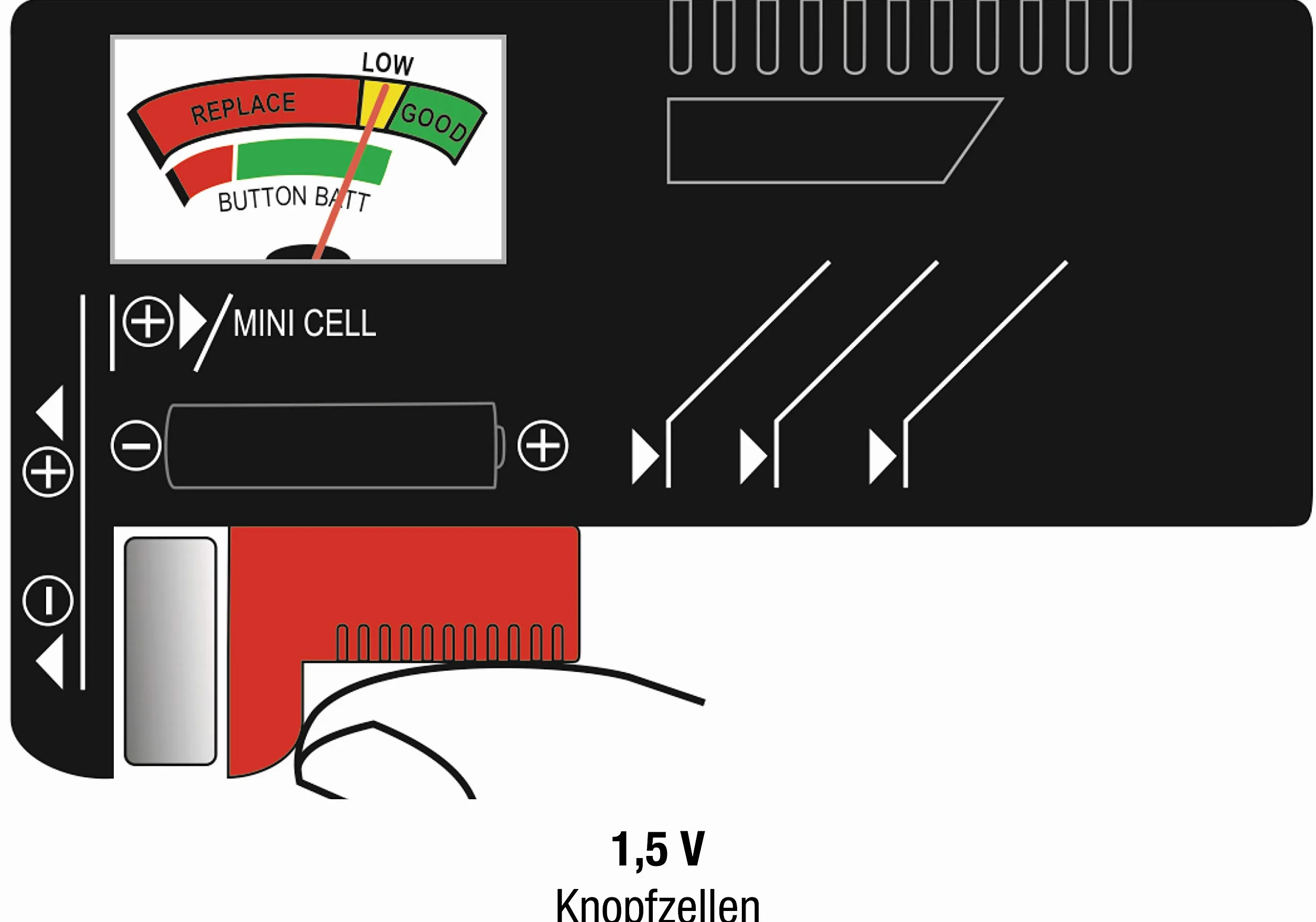 CON:P B29821 Tester Baterii z Analogowym Wyświetlaczem do Akumulatorów AAA, AA, C, D (1,5 V i 9 V)