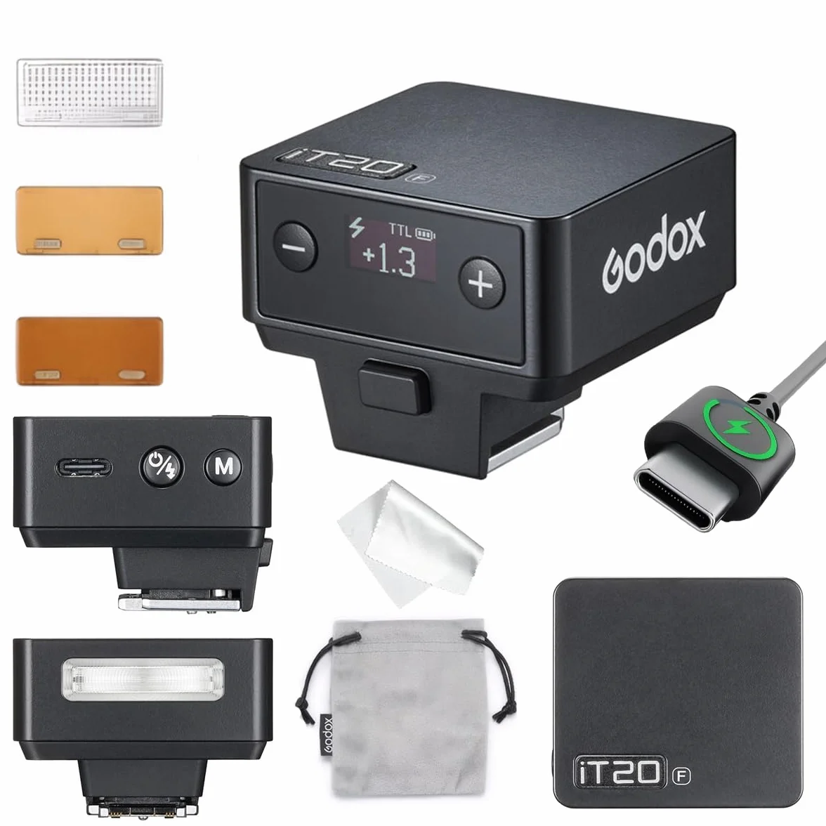 GODOX IT20 F lampa błyskowa TTL mini, czas recyklingu 1,5 s, kompatybilna z Fujifilm X100VI GFX100RF XS20 XS10 XT30 II XT5 XM5 GFX50S GFX50R X-T4 X-T3 X-E4 czarna