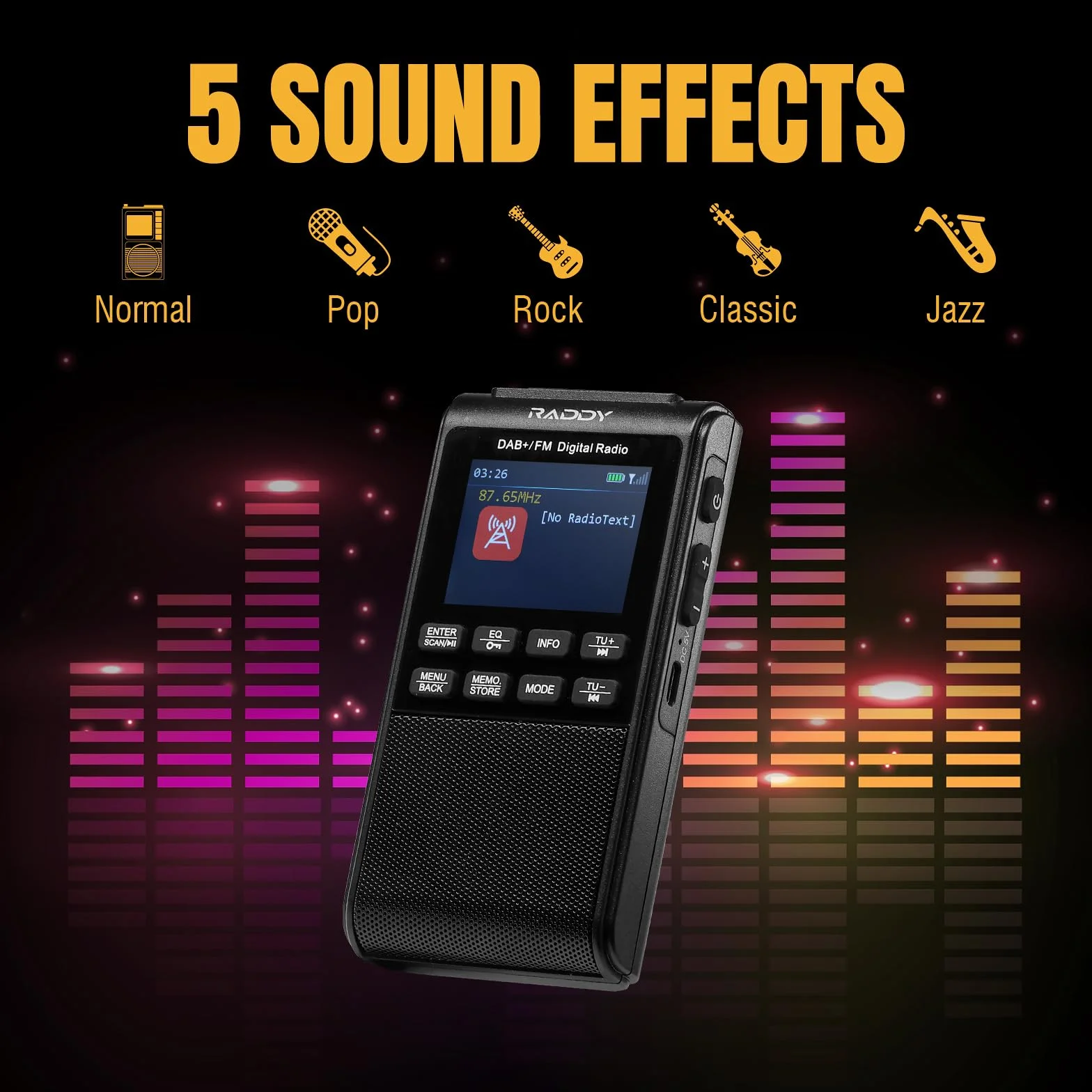 Raddy RD939 przenośne Radio DAB/DAB+ FM, BT 5.3, głośnikiem 5 W, 2-calowym dużym ekranem, 1200 mAh Baterią, Odtwarzaniem TF/USB, automatycznym skanowaniem, gniazdem słuchawkowym