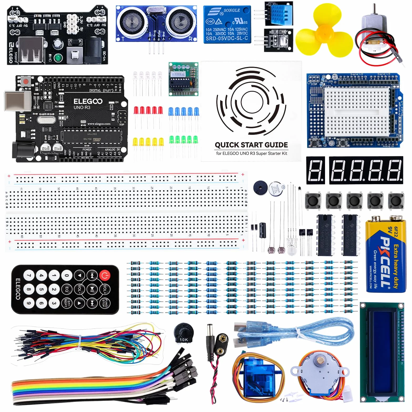 ELEGOO UNO R3 zestaw startowy kompatybilny z projektem Arduino IDE, zestaw dla początkujących z samouczkiem w języku niemieckim, mikrokontrolerem, przekaźnikiem 5 V, modułem zasilania, serwomotorem,