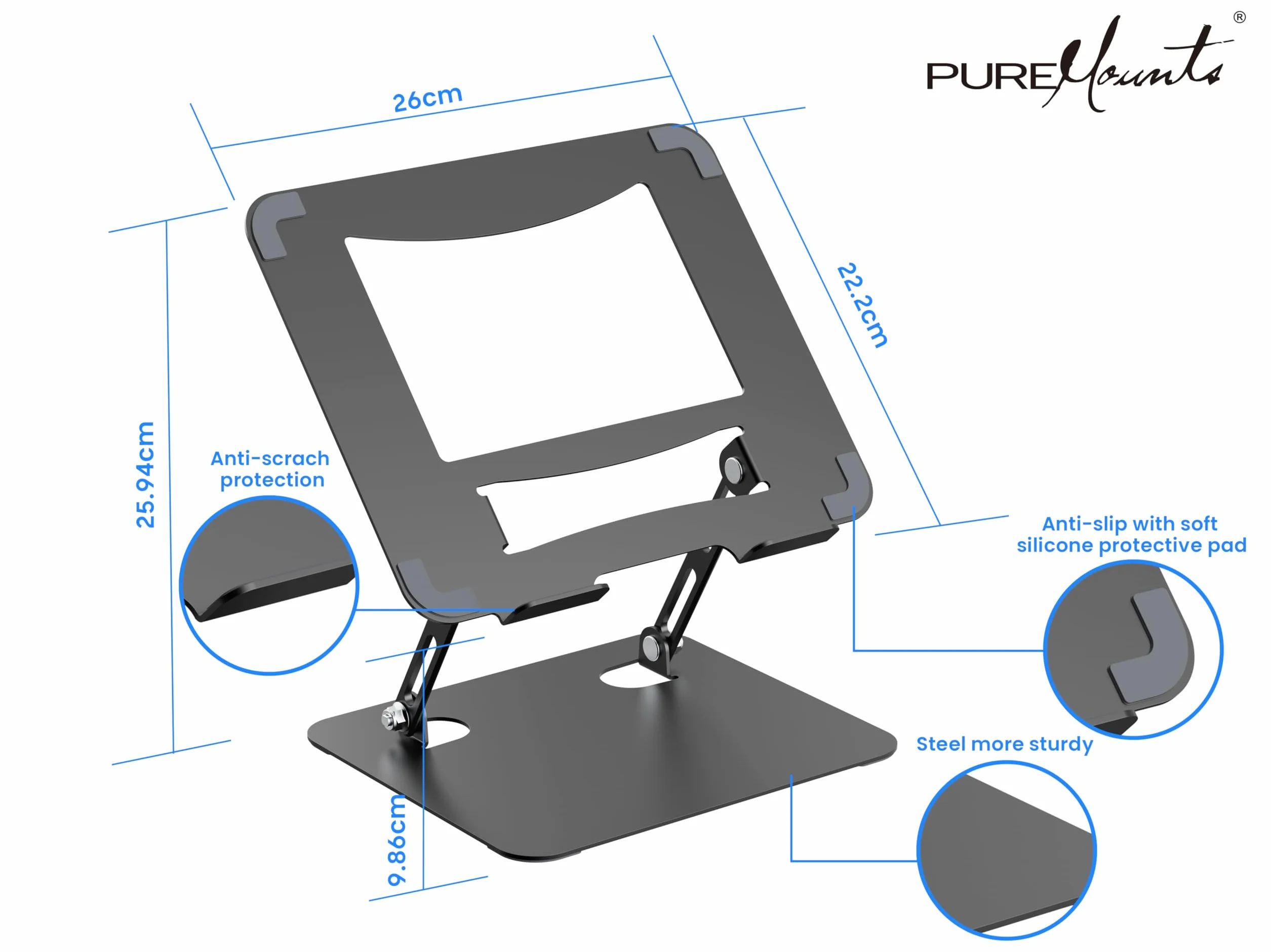 PureMounts Regulowany stojak na laptopa o regulowanej wysokości, ergonomiczny składany uchwyt do notebooka biurowego, obrotowa podstawa o 360°, antypoślizgowy uchwyt na podkładkę, czarny