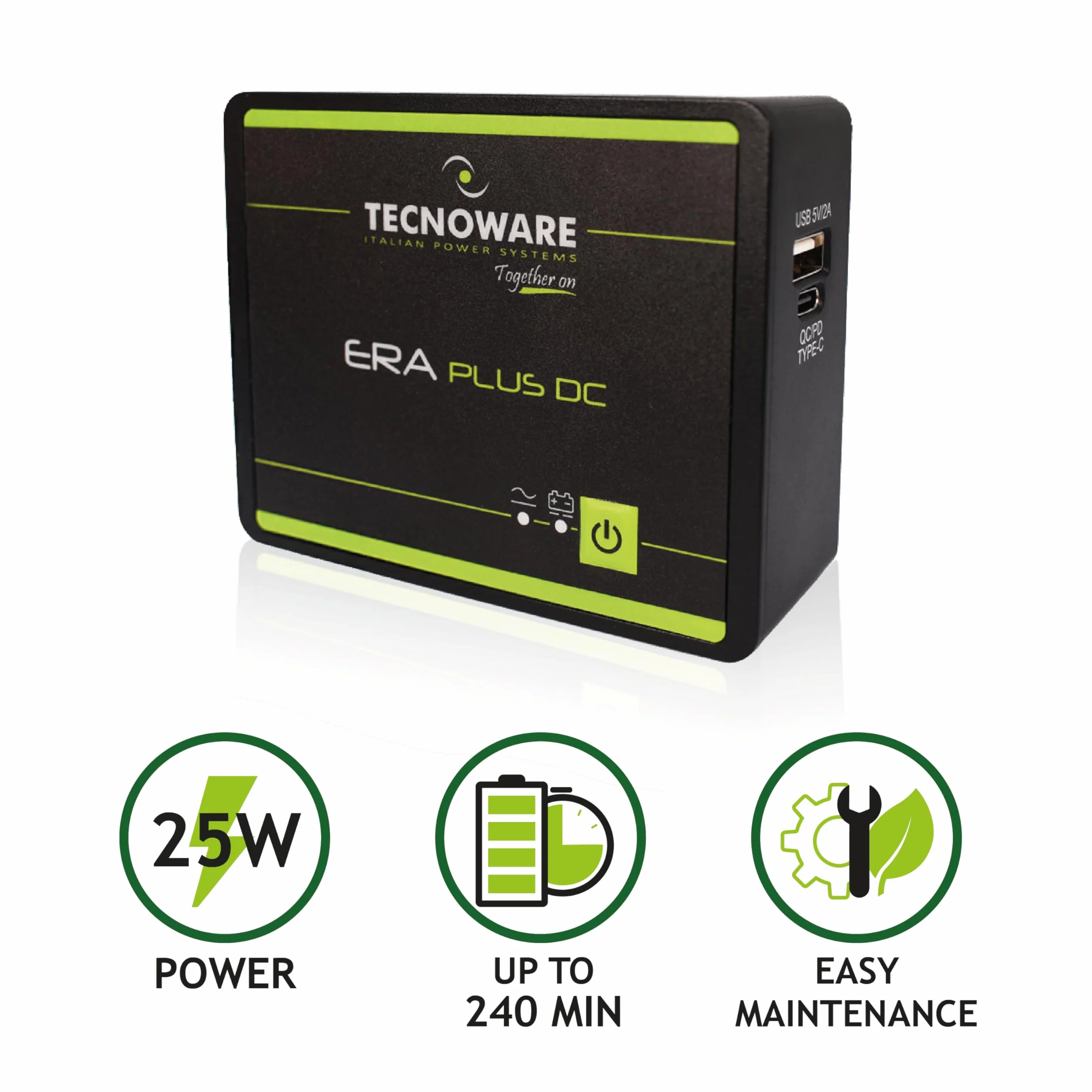 Tecnoware Power Systems Mini UPS ERA PLUS DC do WiFi/modemu, nie do PC gaming/konsol, USB-C/USB-A, Powerbank 5200mAh, ochrona przed przepięciami i blackoutem do 240 min