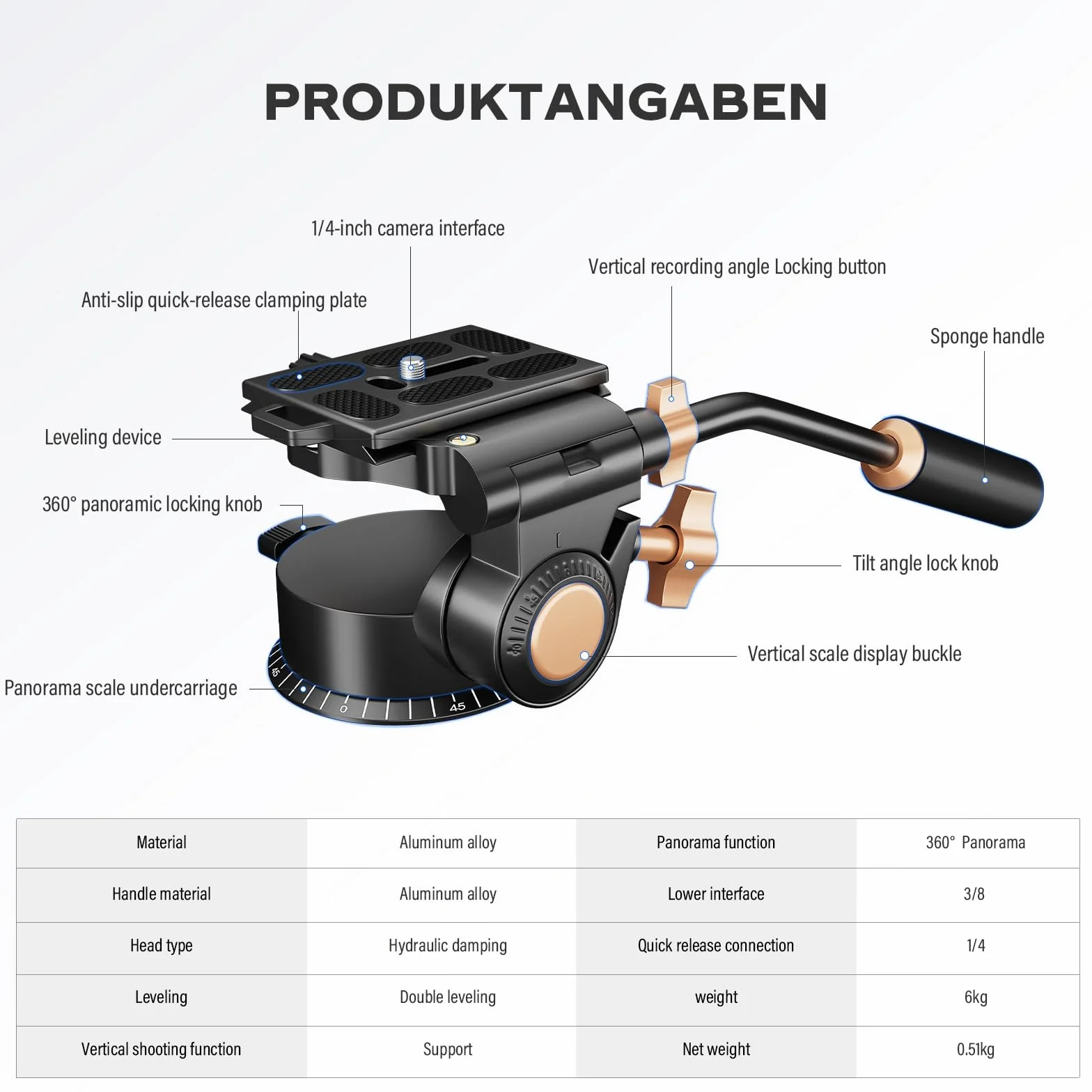 Soonpho Q-08S Heavy Duty statyw do kamery wideo, głowica obrotowa z przedłużonym uchwytem, głowica statywu z śrubą 1/4 cala, obracany o 360 stopni, do lustrzanek cyfrowych, kamer, monopod