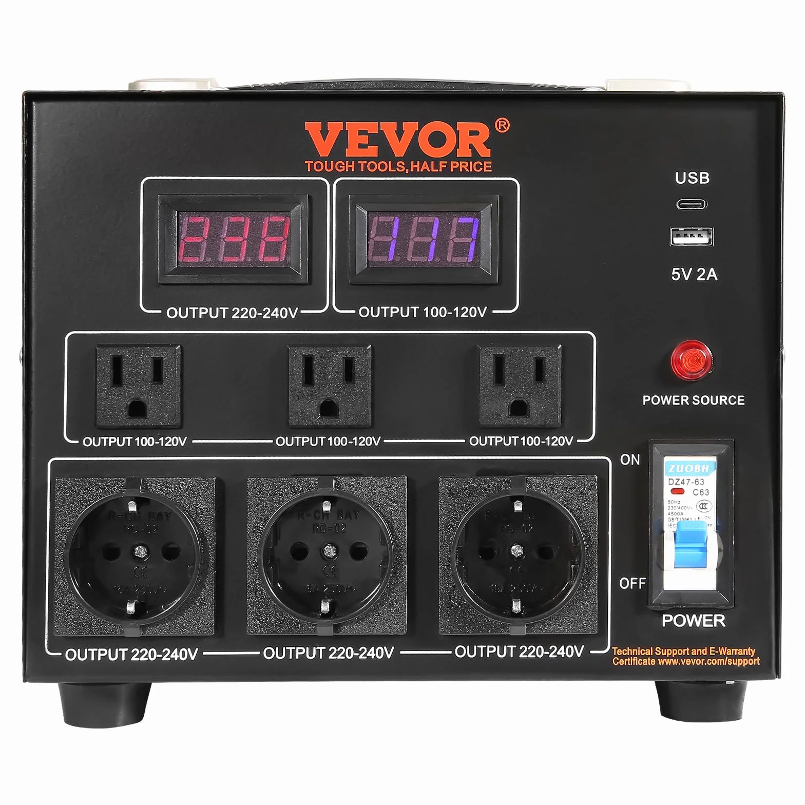VEVOR Przetwornica napięcia 3000 W, AC 110 V/220 V, 3 gniazda NEMA 5-15R, 3 gniazda Schuko, USB i Type-C