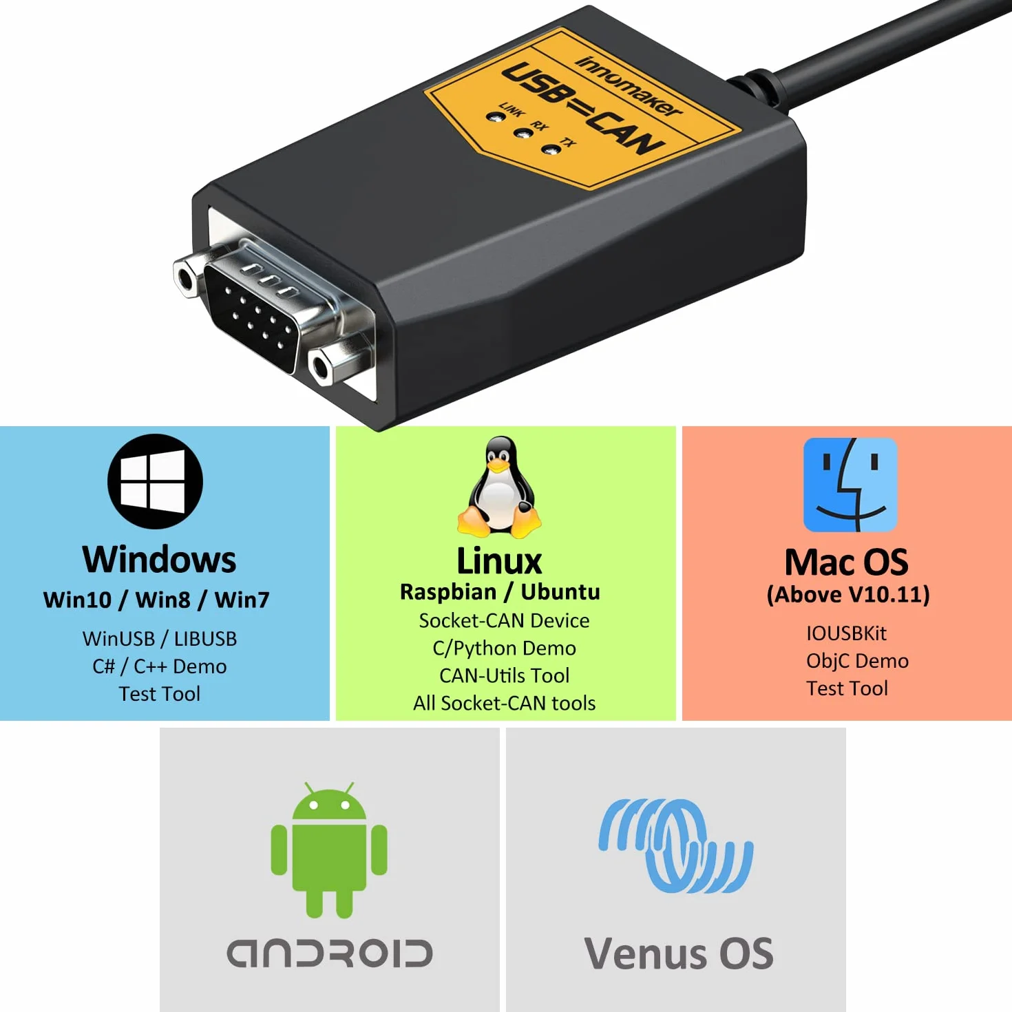 Przewód konwertera USB na CAN dla Raspberry Pi 5/4/3B+/3/Zero, Jetson Nano, Tinker Board, komputerów jednopłytkowych - Windows/Linux/Mac/Android/Venus OS