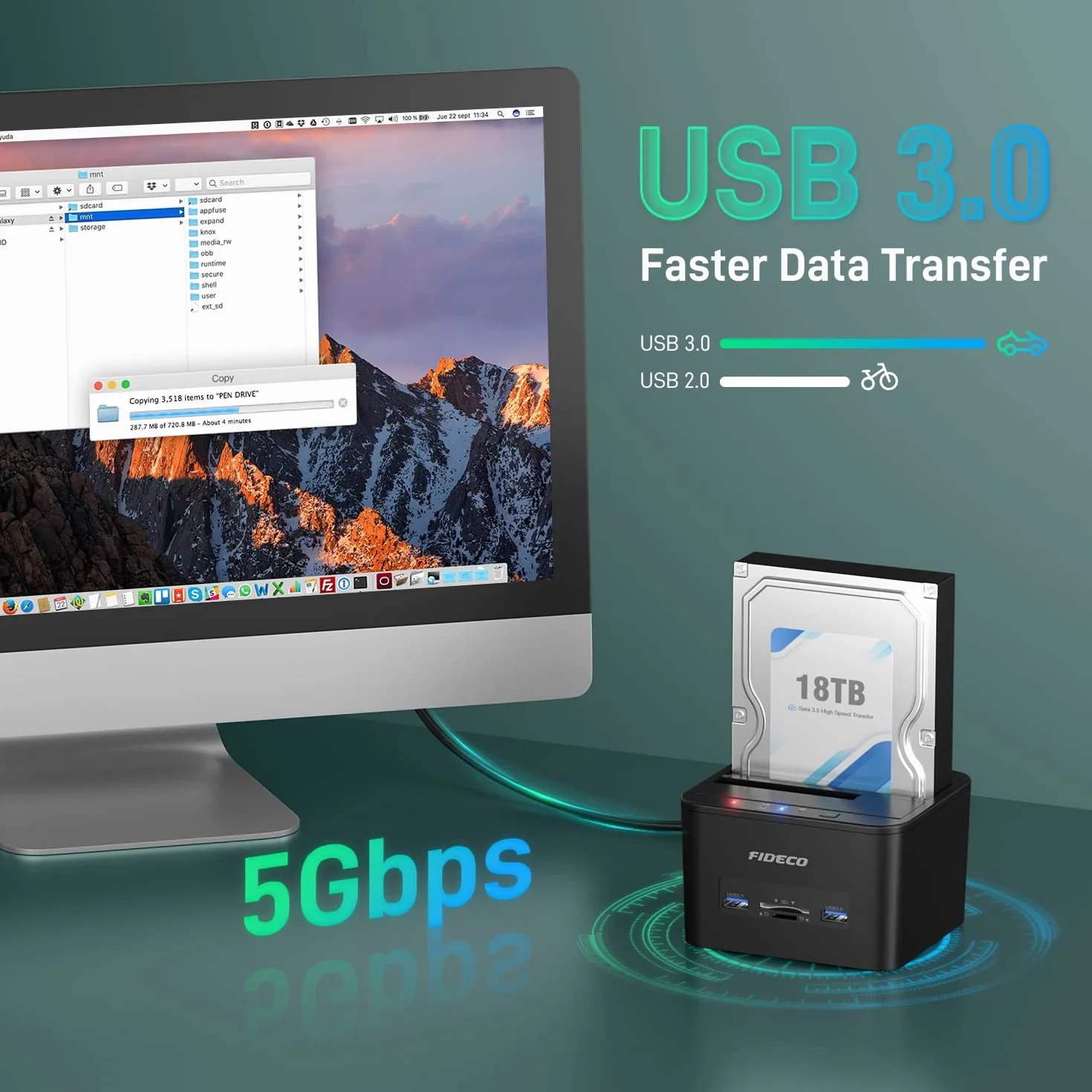 FIDECO Stacje Dokujące do Dysków Twardych, usb 3.0 Zewnętrzny Dysk Twardy Stacja Dokująca dla 2.5''/3.5'' SATA HDD oraz SSD, Obsługa klonowania offline, czytnika kart TF i SD