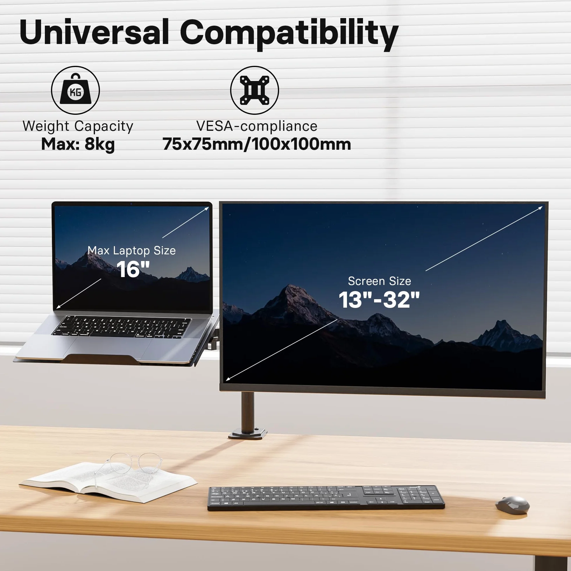 REDBAT Ramię Monitora z Tacą na Laptopa - Regulowane Stojak na 2 Ekrany 13-32" LCD/LED do 8kg, Taca na Laptopa do 16", Nachylenie ±45°, Obrót ±90°, Rotacja 360°, VESA 75x75-100x100mm, 2 Opcje Montażu