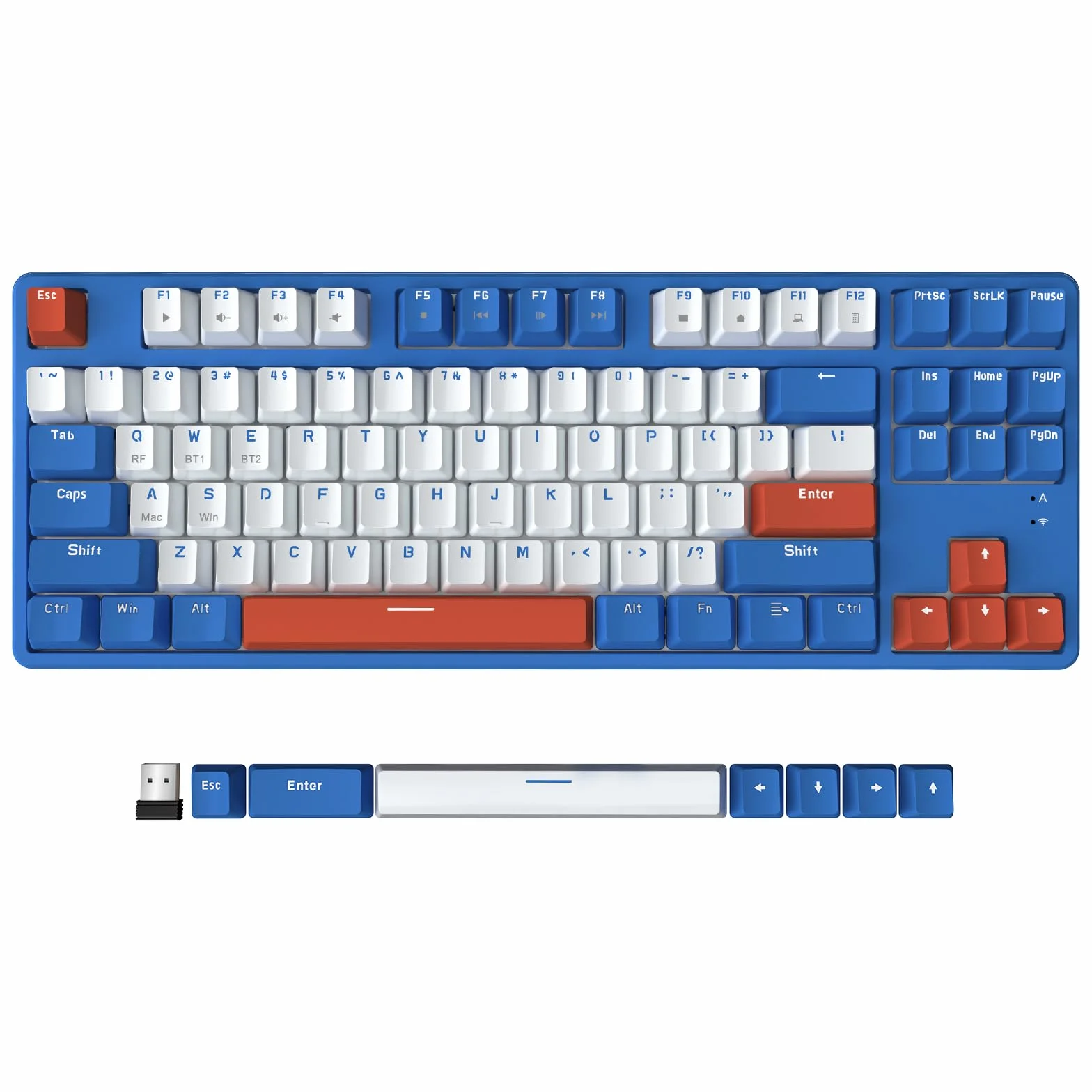 A.JAZZ AK871 Bezprzewodowa Klawiatura do Gier 75%, Dwa Tryby Bluetooth/2.4 Ghz, Mechaniczna Klawiatura TKL 80%, Hot-Swappable, Kompaktowe 87 Klawisze, Bez Podświetlenia dla Win/Mac - Blue/Red Switch