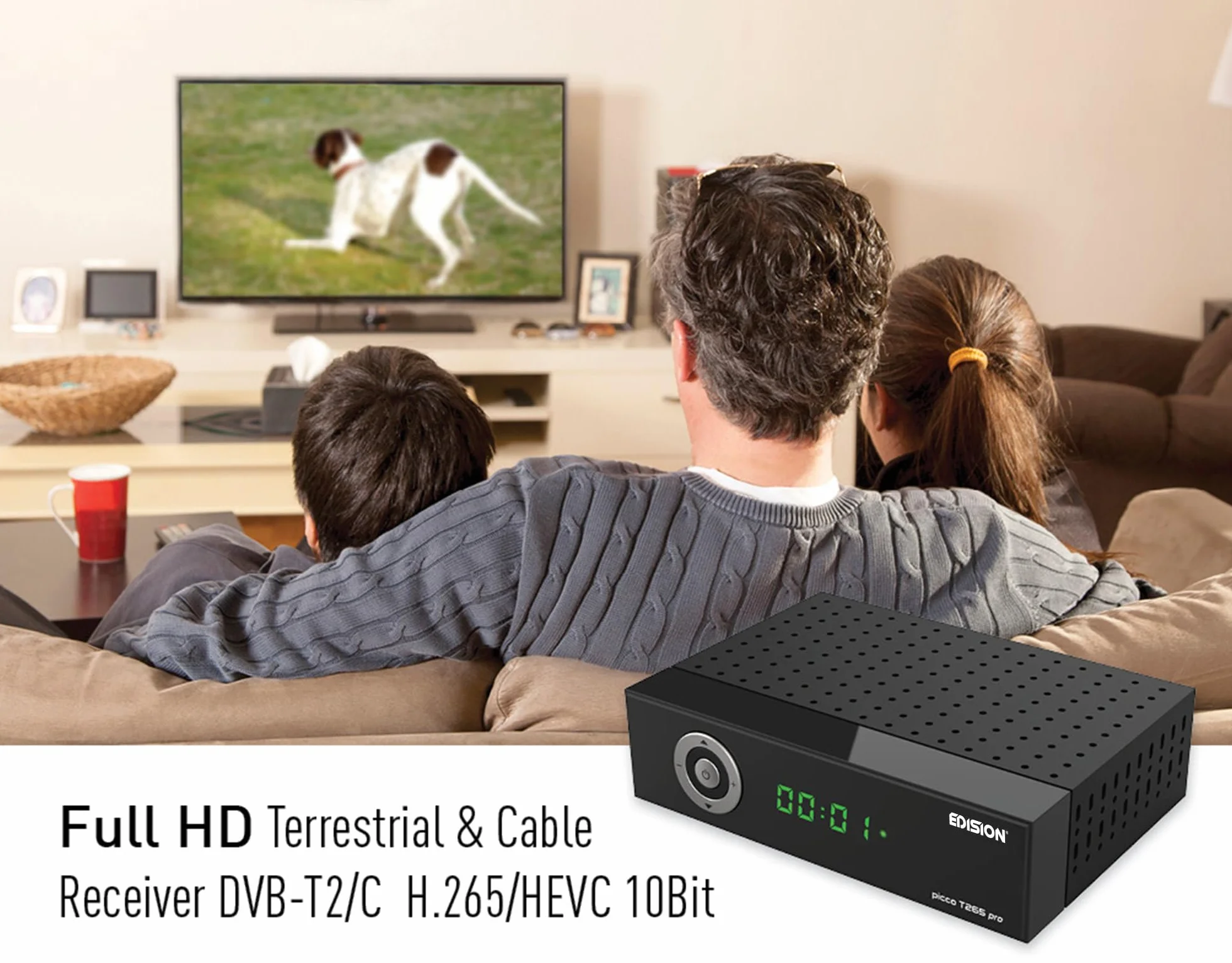 Dekoder dvb-t2 hevc EDISION PICCO T265 pro HD naziemnej i kablowy Odbiornik, DVB-T2/C H.265, FTA, Full HD, PVR, USB, HDMI, SCART, S/PDIF, IR, Obsługa USB WiFi, Uniwersalny pilot 2w1, Zasilacz 2w1