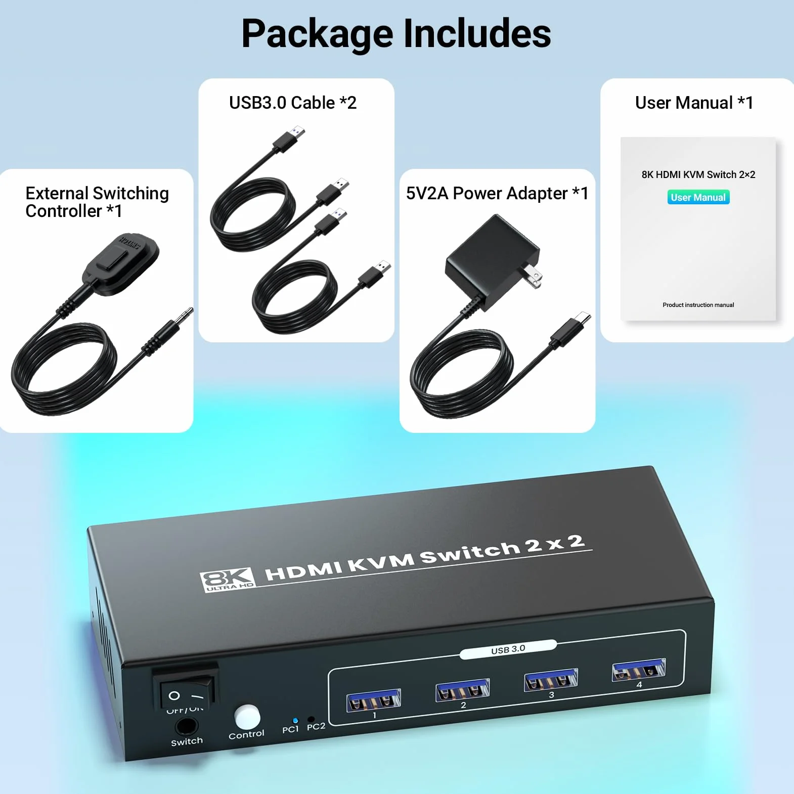8K60Hz 4K120Hz HDMI KVM Switch 2 monitory, 2 komputery, USB 3.0, podwójny monitor HDMI KVM, przełącznik do 2 komputerów do dzielenia się klawiaturą, myszą i 2 monitorami