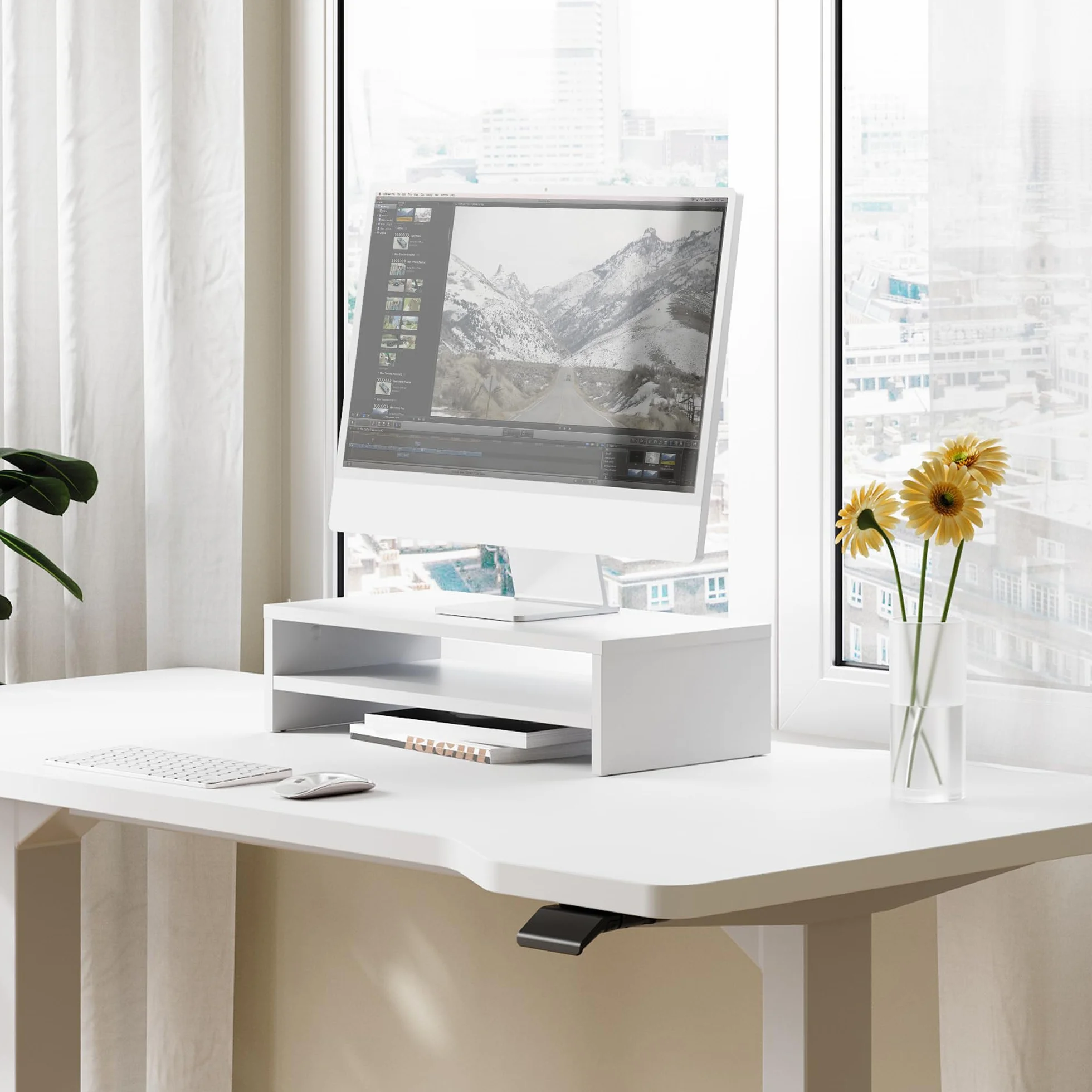 FITUEYES Stojak na monitor 2-poziomowy 54 cm drewniany biały
