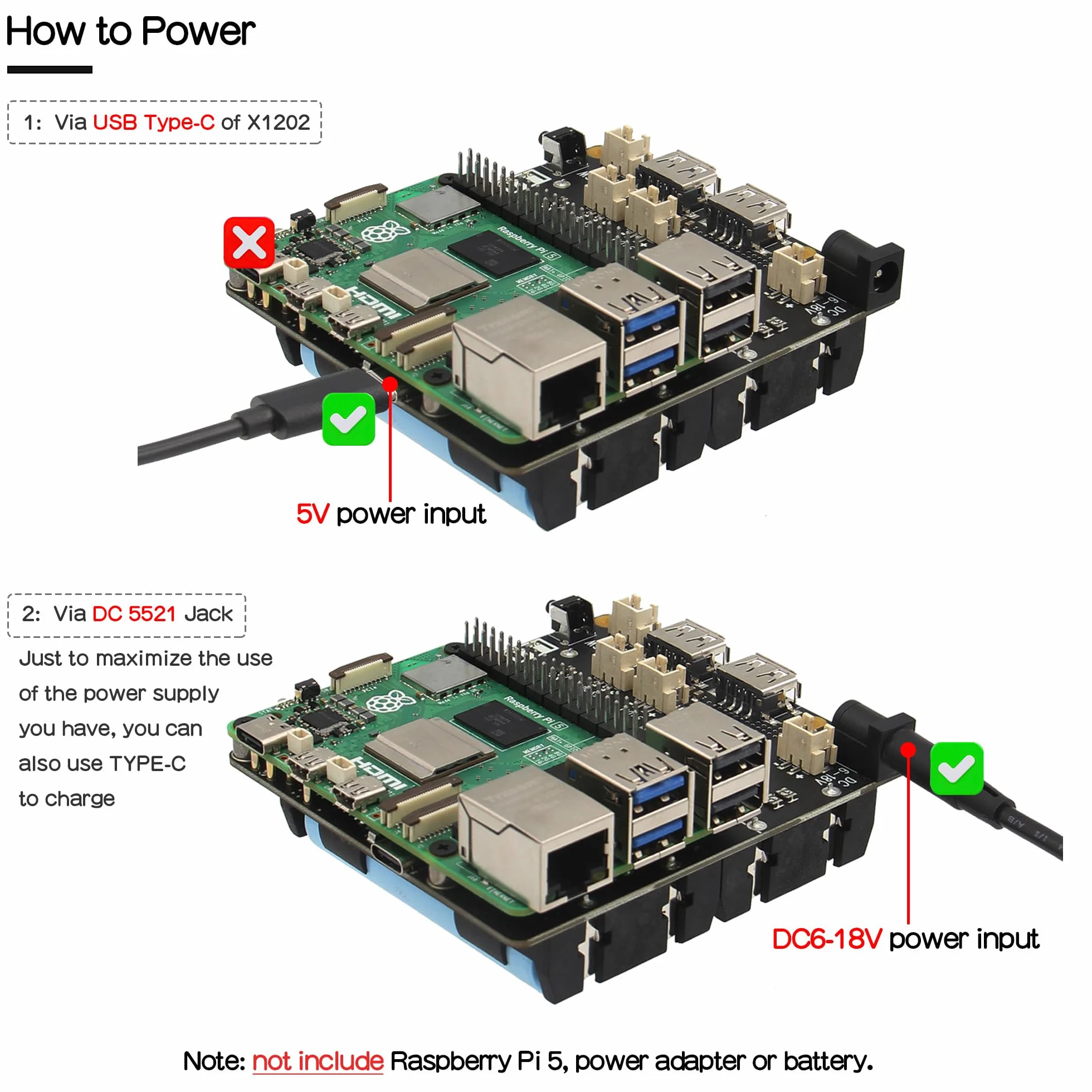 Geekworm Raspberry Pi 5 UPS (X1202), 4-Cell 18650 UPS (Max 5.1V 5A Output) with Wide 6-18V Input | Auto Power On | Safe Shutdown | Power Loss Detection