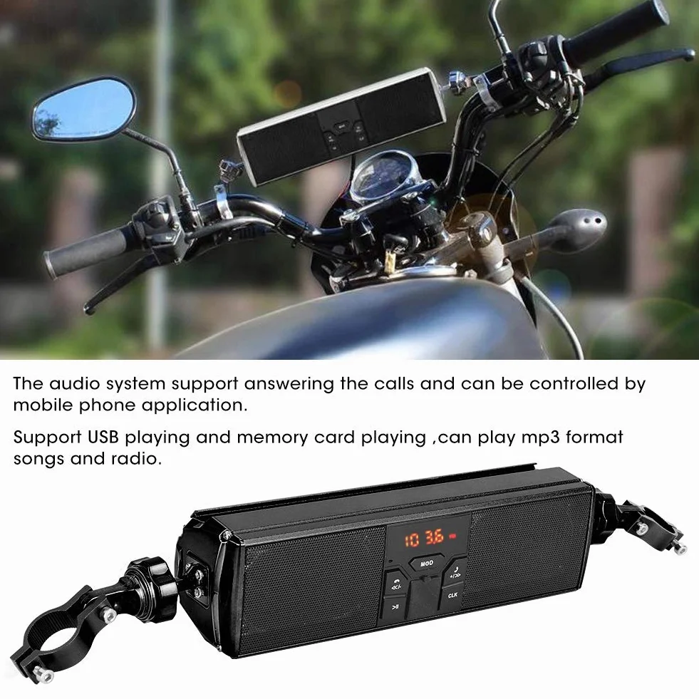Qiilu Modyfikacja motocykla Kierownica System USB Odtwarzanie Antypoślizgowy Wodoodporny System dźwiękowy Głośniki stereo (czarne)