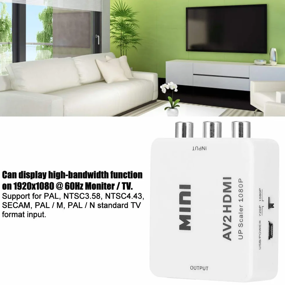 Konwerter AV na HDMI High Definition, do HDMI AV2HDMI Transverter, Wyjście HDMI 1080 P 60 HZ / 720 P 60 HZ, Obsługa PAL, NTSC3.58, NTSC4.43, SECAM, PAL/M, Wejście PAL/N - Biały