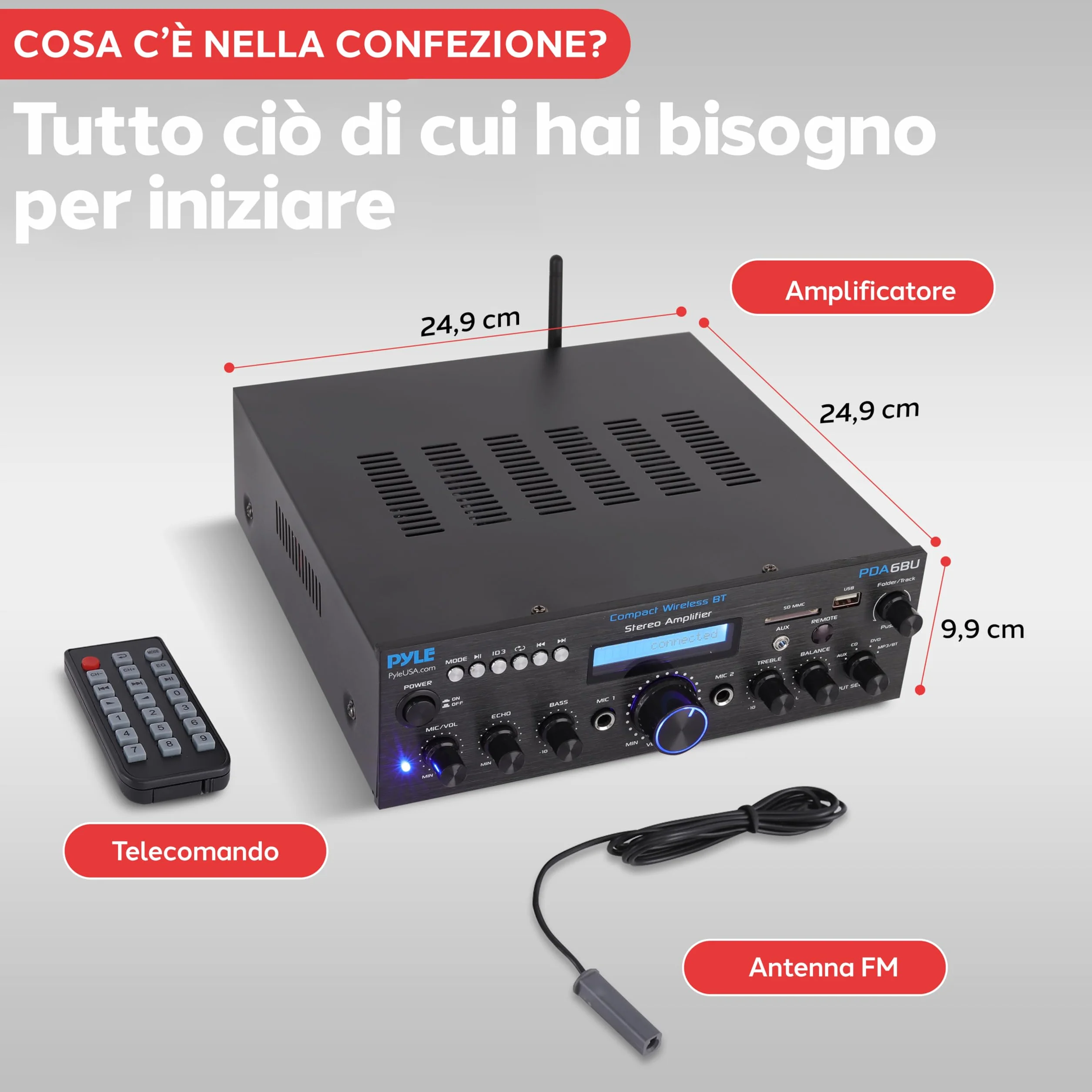 Pyle PDA6BU 200W Dual Channel Bluetooth Power Amplifier System w/ USB SD AUX MIC Echo Radio LCD