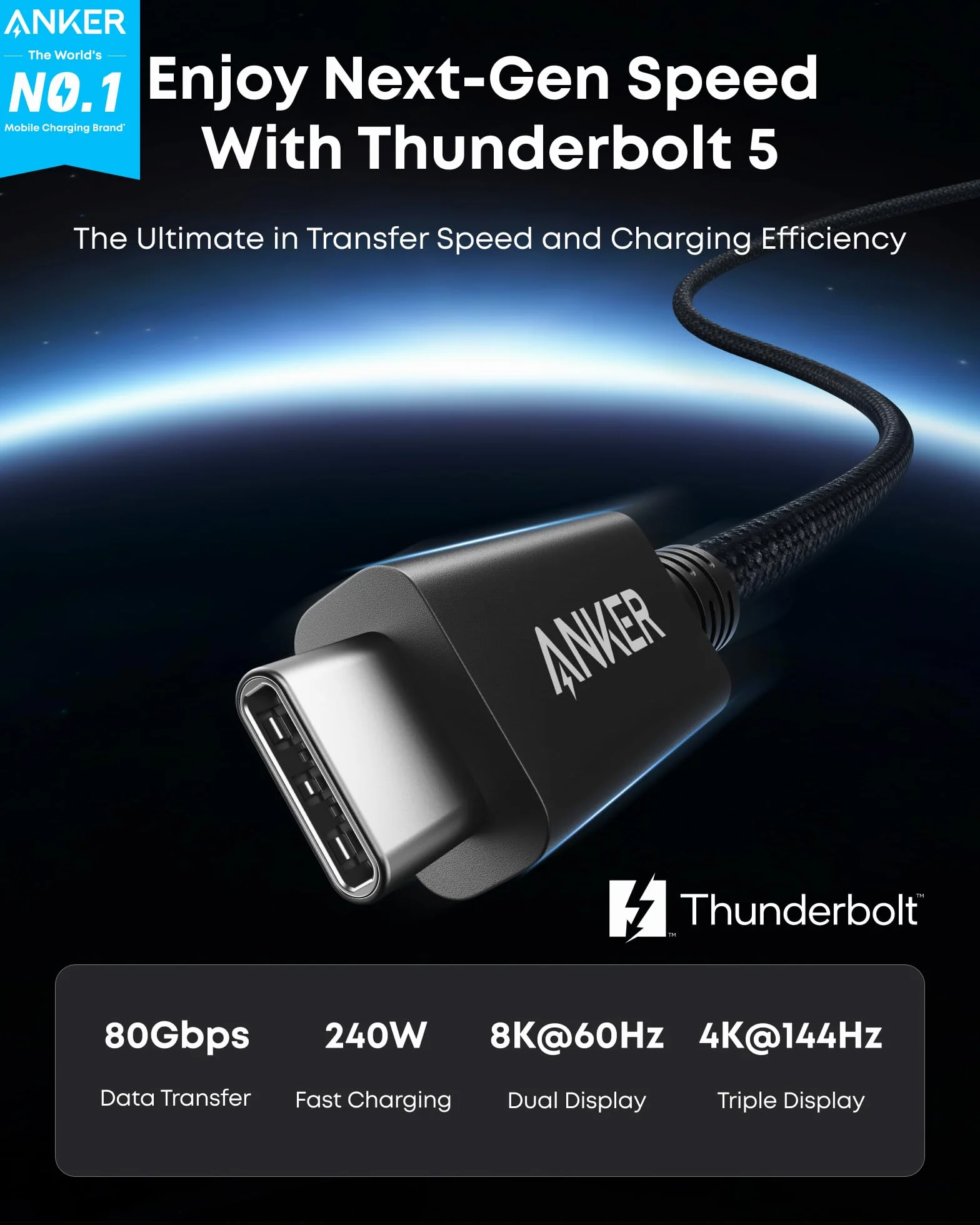 Anker Thunderbolt 5.0 kabel 1 m USB C na USB C, ładowanie 240 W, transfer danych 40 Gbit/s, obsługuje wyświetlacze 8K/4K, do iPhone serii 16, MacBook, iPad, Samsung (certyfikat Thunderbolt 5)