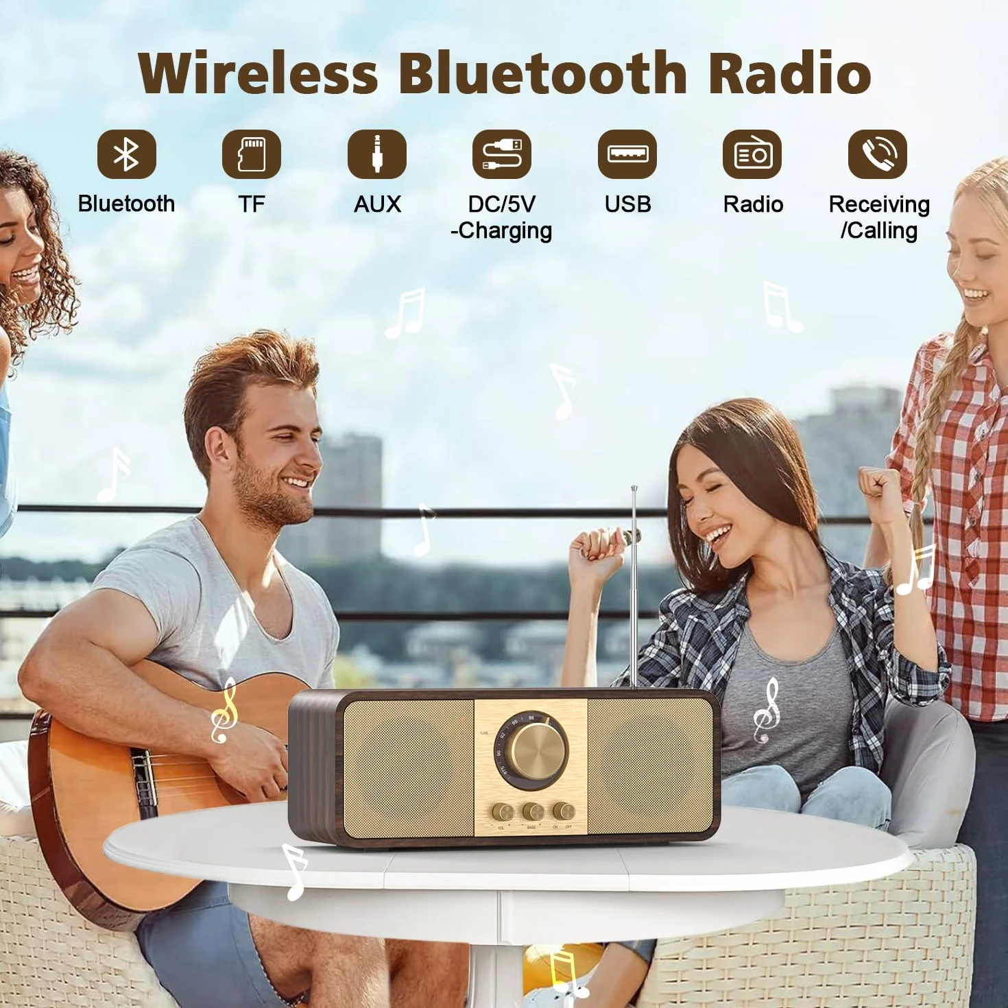 Radio Nostalgia, Radios Retro z Bluetooth i kartą TF, Zasilane Baterią 3000 mAH, z głośnikami Niskotonowymi 2 x 8 W, Radios Retro z AUX/USB, Radio do Kuchni/Sypialni/Biura