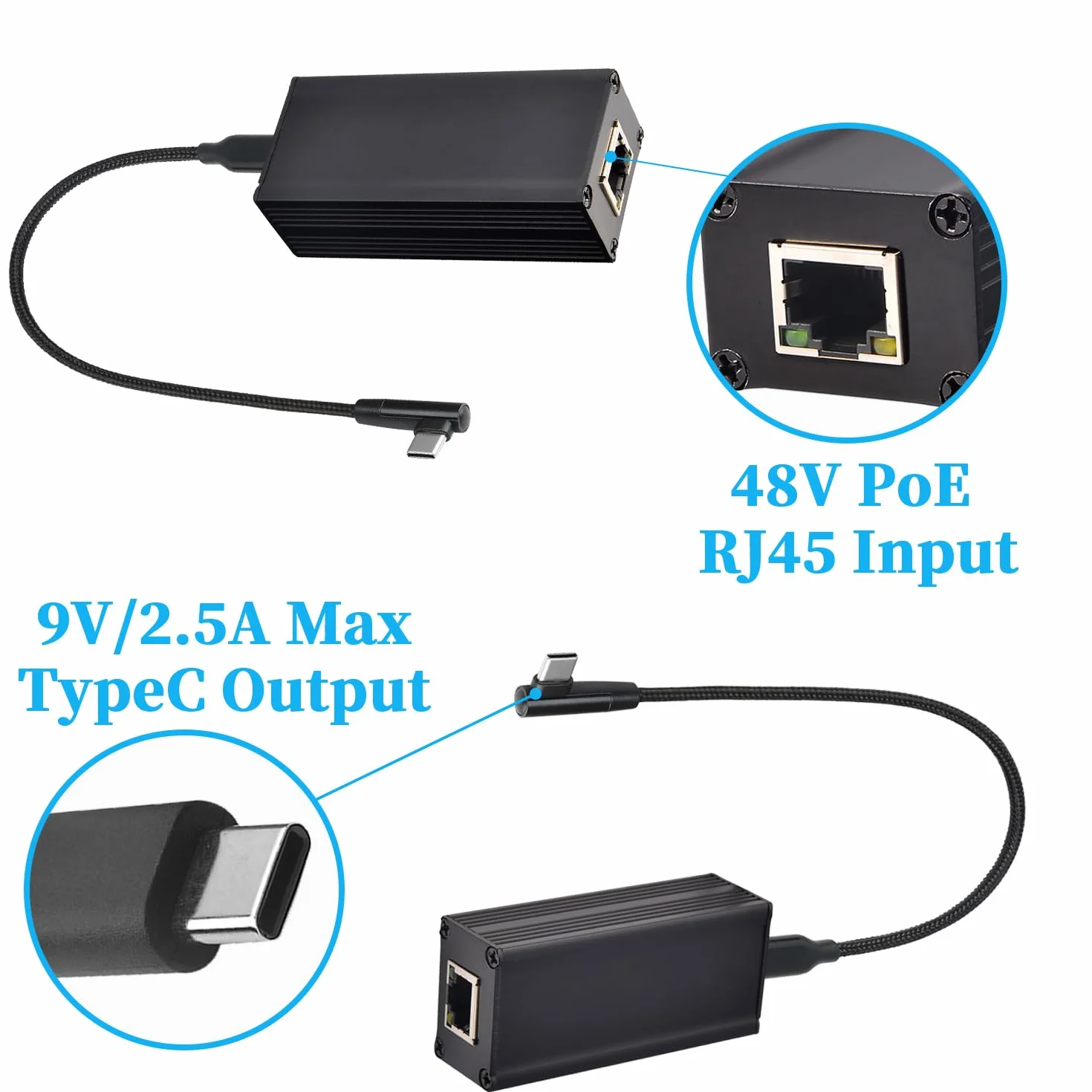 Revotech Konwerter PoE na USB C 5V/3A 9V/2,5A IEEE802.3af/at Ethernet Ładowanie PD