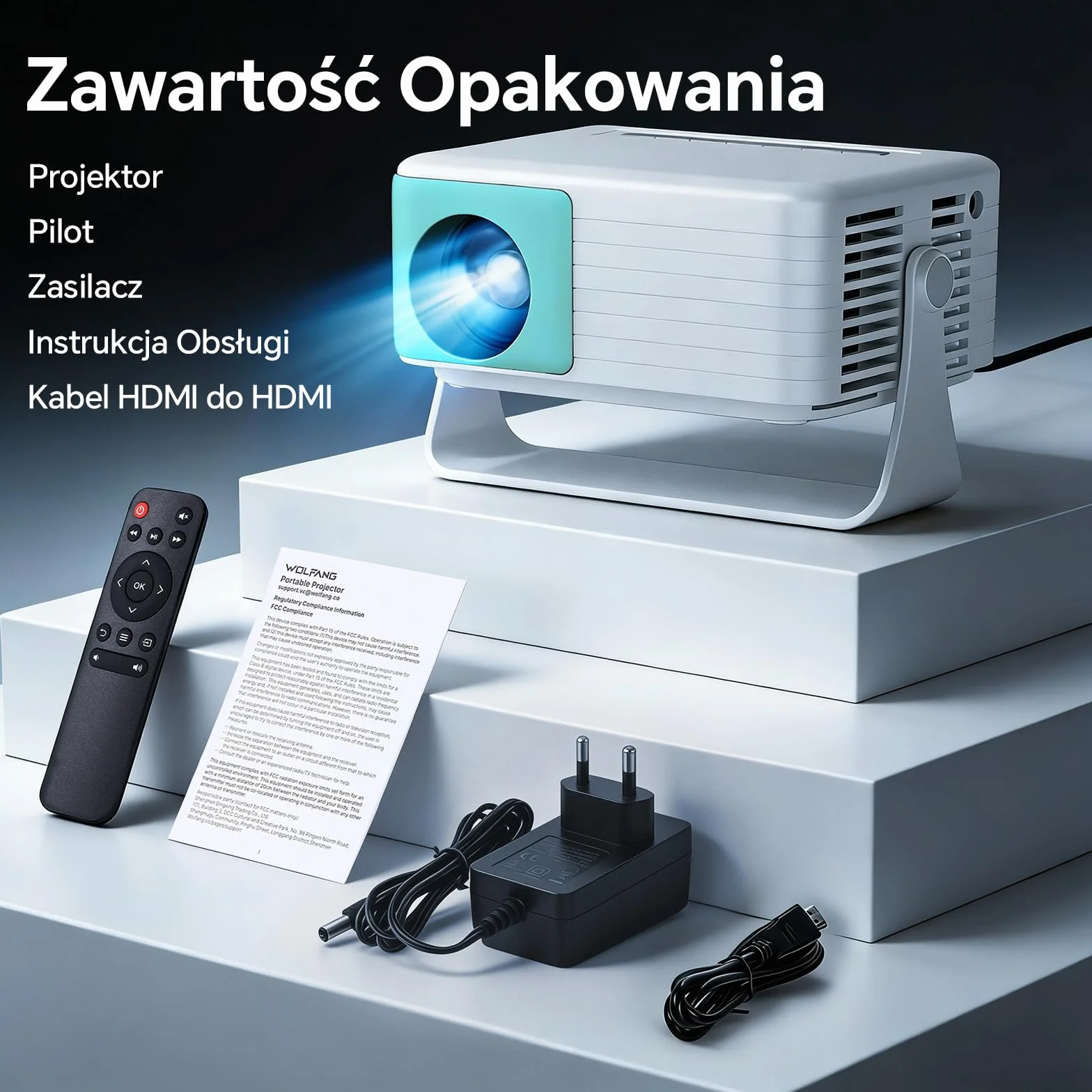 WOLFANG Mini Projektor, Przenośny Projektor z Obsługą Wejścia 1080P, Natywna Rozdzielczość 720P, Automatyczna Korekcja Keystone, Zoom 50% i Obrót 180°, Kompatybilny z iOS/Android/Laptopem/TV Stick