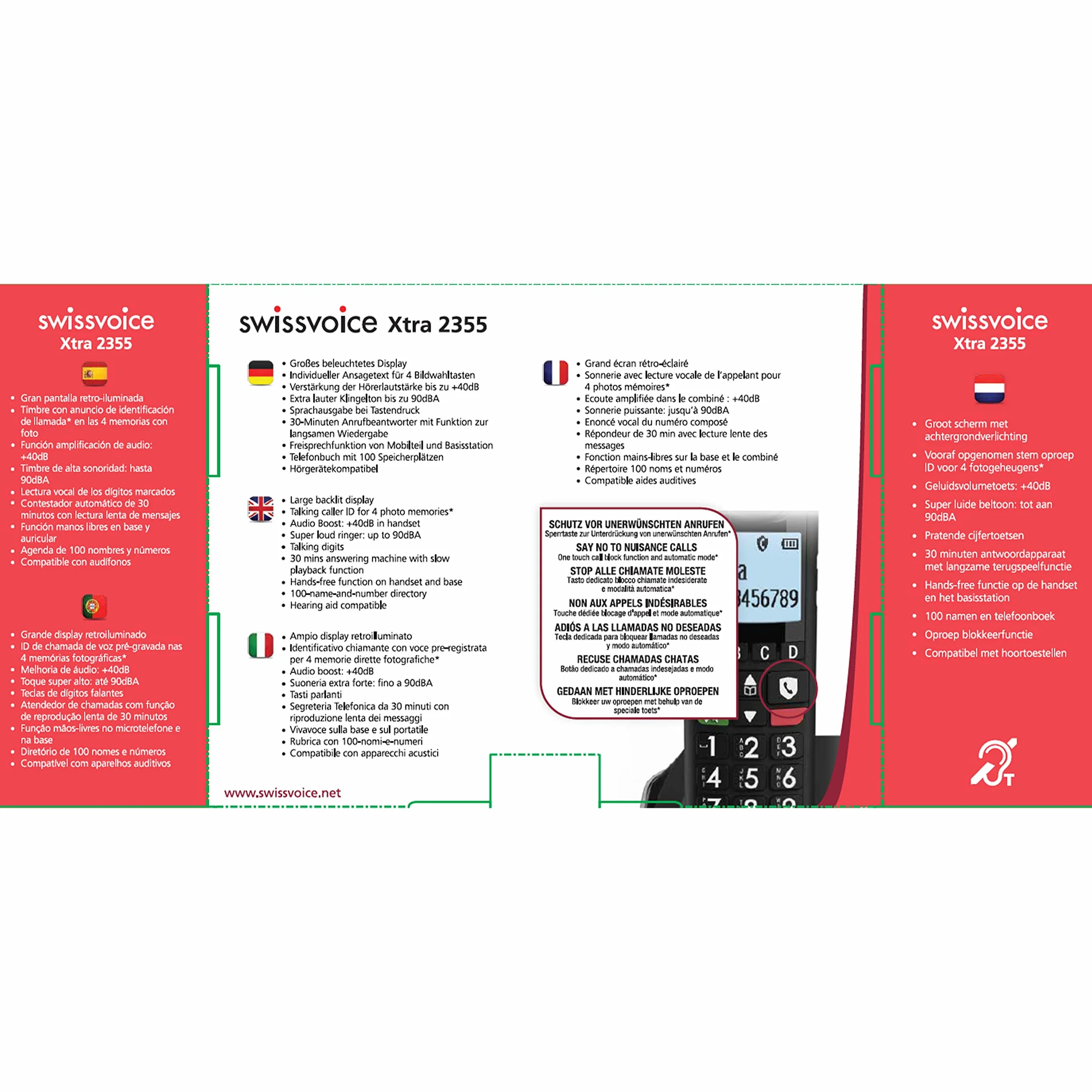 swissvoice Xtra 2355, szerokoprzyciskowy bezprzewodowy telefon DECT z automatyczną sekretarką, wzmocnienie audio, głośne dzwonki, kompatybilny z aparatami słuchowymi, funkcja blokady połączeń