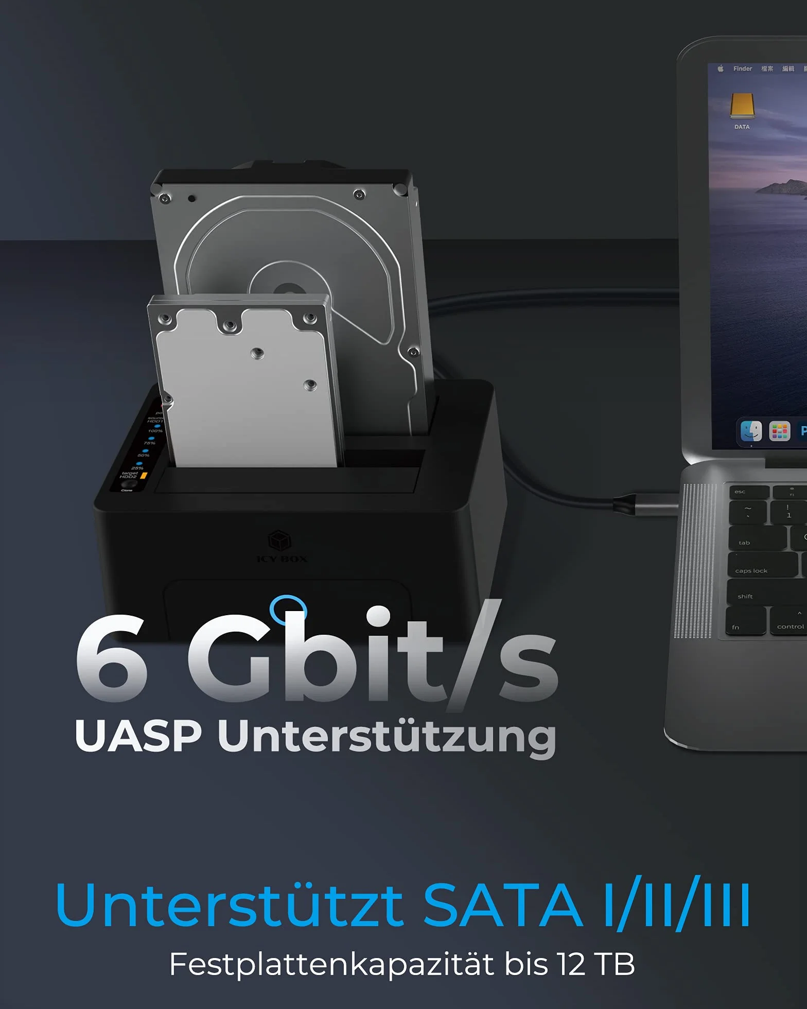 ICY BOX Dual HDD/stacja dokująca USB 3.0 do SATA 2,5 cala i 3,5 cala, dysk twardy stacja klonowa i urządzenie do czytania, adapter, zewnętrzny, czarny, IB-1232CL-U3
