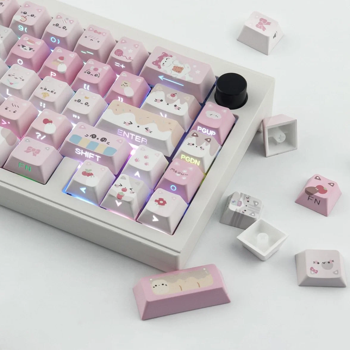 Nasadki klawiszy PBT – zestaw nasadek klawiszy z nadrukiem bocznym, 136 klawiszy Shine Through Meow Squad, niestandardowe nasadki klawiszy z motywem kota, Cherry Profile Keycap do klawiatur