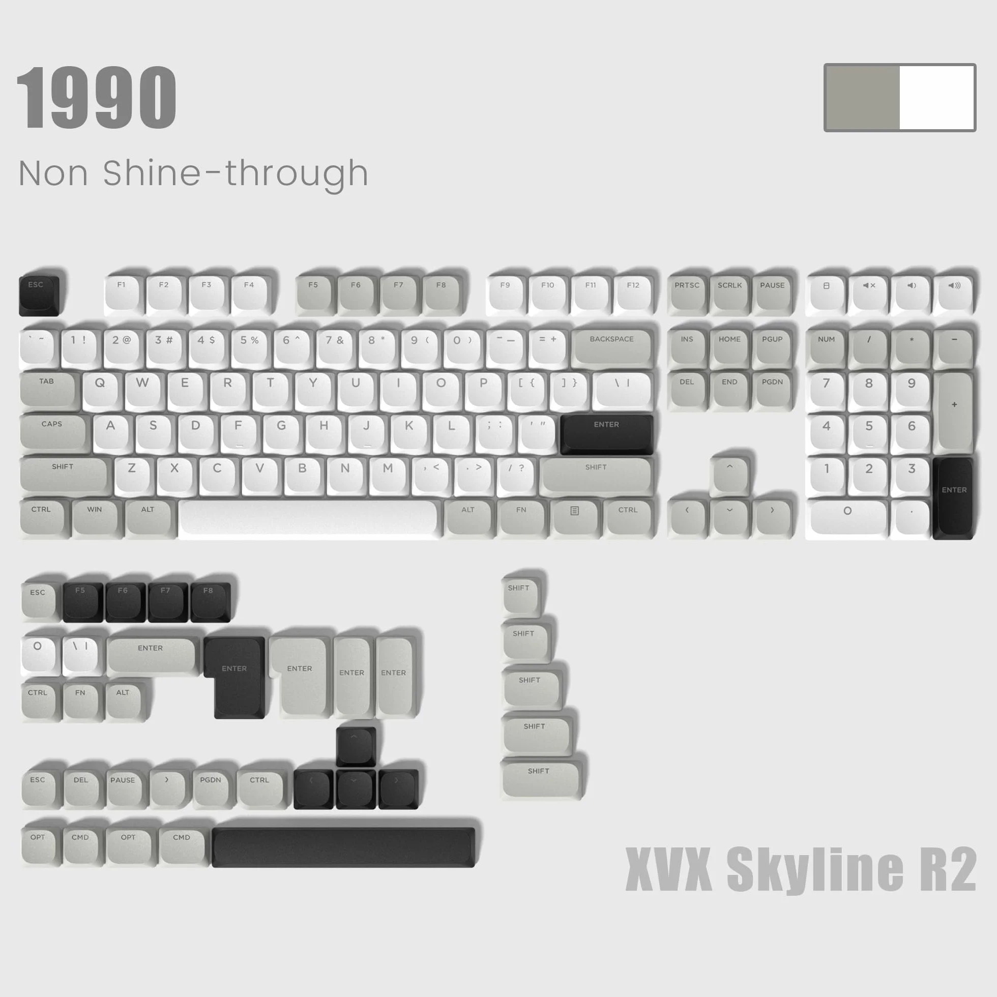 Low Profile Keycaps 143, PBT nakładki na klawisze Shine Through, klawisze do ANSI US 60% 65% 75% 80% 100% Cherry Gateron MX przełącznik klawiatura mechaniczna, szary/biały (ISO nieobsługiwany)