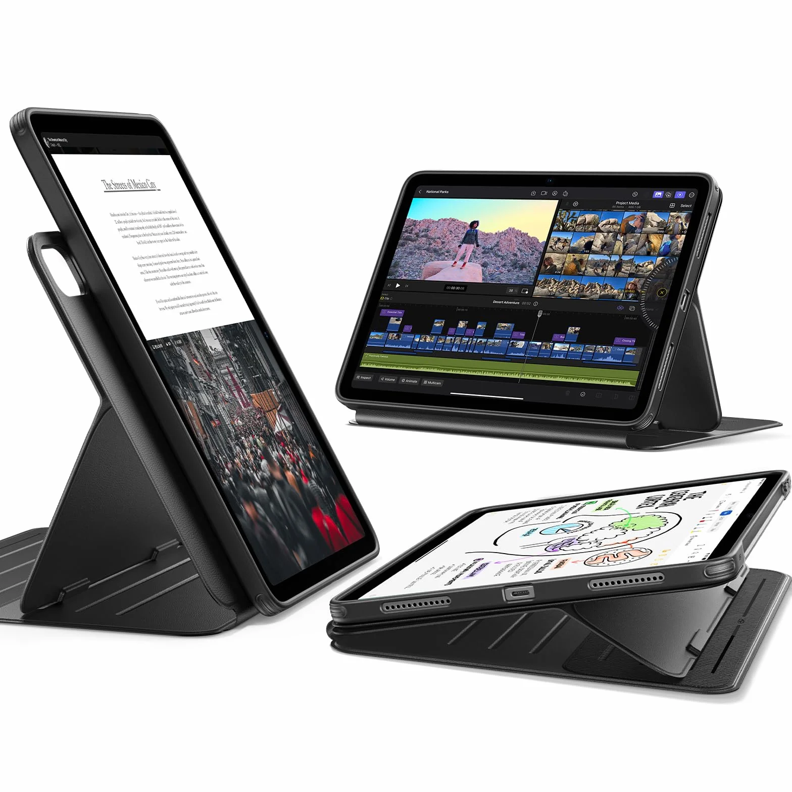 ESR iPad Air 27.9 cm 2024 M2, Air 6., Air 5. generacji 2022/Air 4. 2020, zdejmowana osłona magnetyczna, regulowany stojak pionowy/poziomy z podwyższonym widokiem na ekran, 9 kątów stojących, czarny