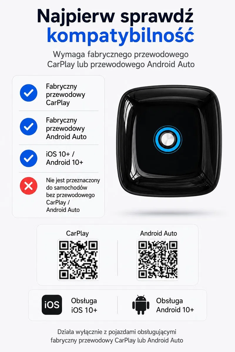 Bezprzewodowy Adapter CarPlay i Android Auto 2 w 1, pamięć dwóch telefonów, szybkie przełączanie, Plug & Play USB-A/USB-C, 5.8GHz WiFi, OTA, Czarny