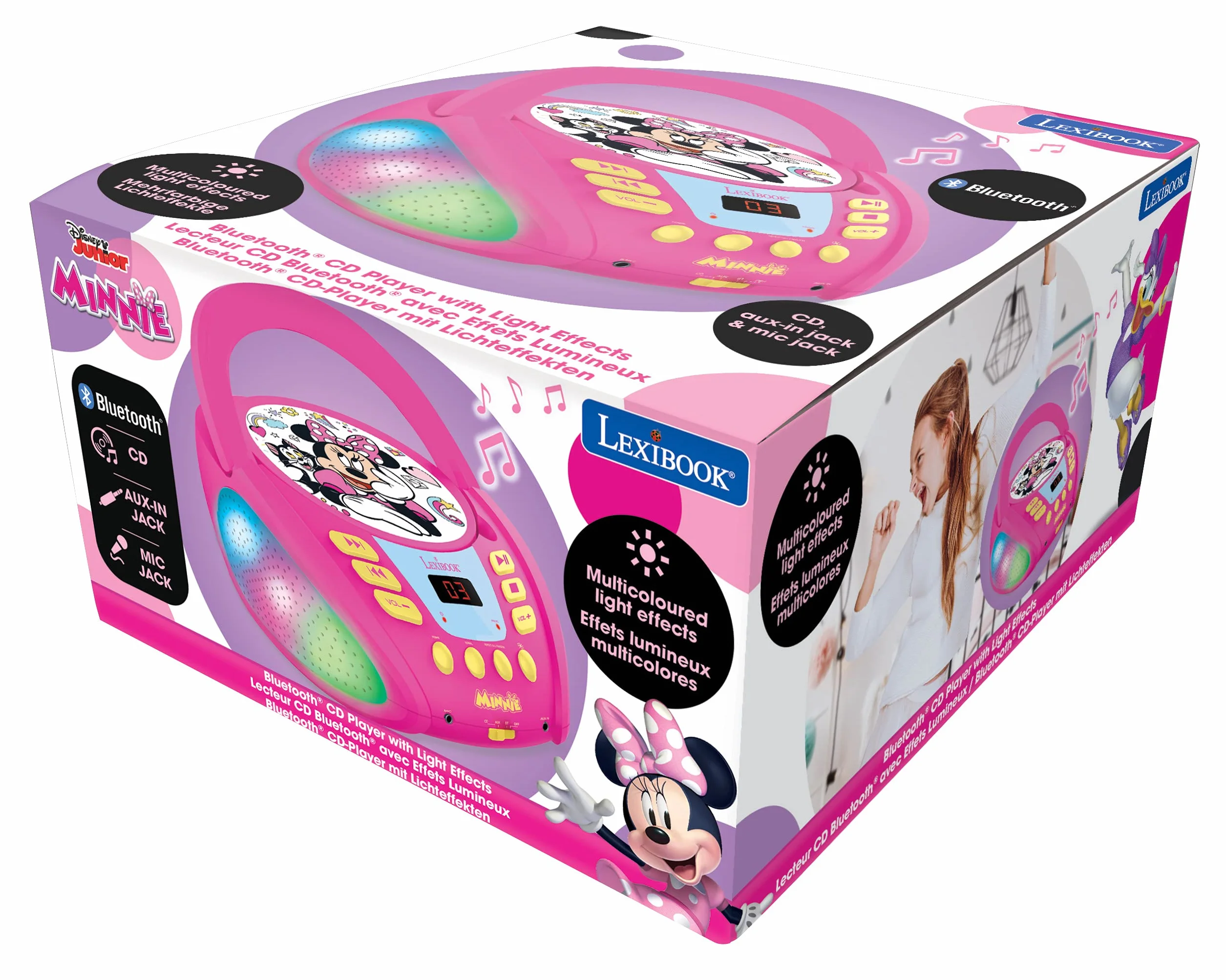 Lexibook RCD109MN Disney Minnie-Bluetooth Odtwarzacz DC dla Dzieci, Przenośny, Wielokolorowe Efekty Świetlne, Mikrofon, Gniazdo Aux-In, Ac Lub Zasilanie Bateryjne