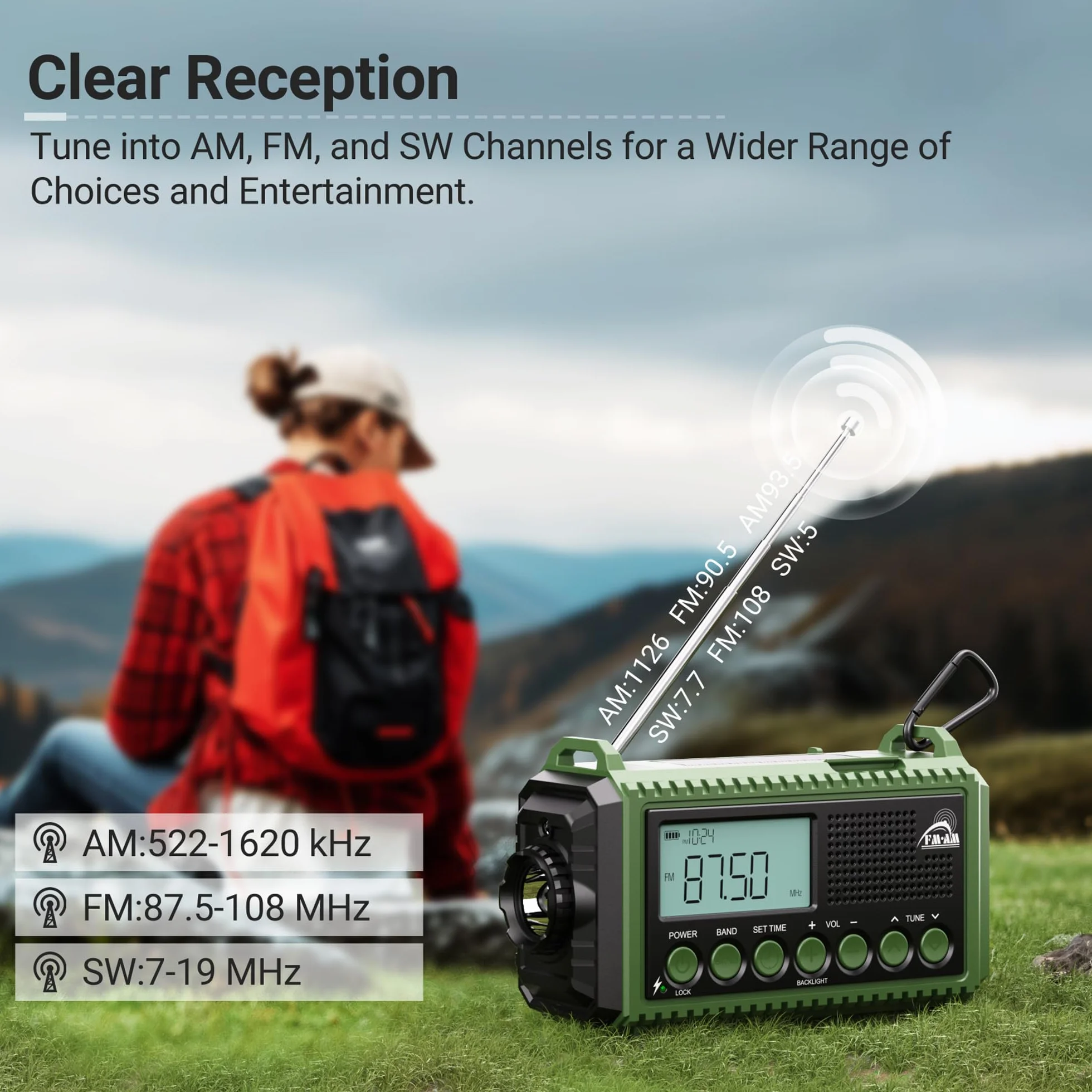 Mesqool radio korbowe z powerbankiem 12000mAh, radio AM/FM/SW awaryjne z odbiornikiem światowym, latarka i światło do czytania, przenośne radio kempingowe z łącznikiem typu C, radio dynamo z alarmem