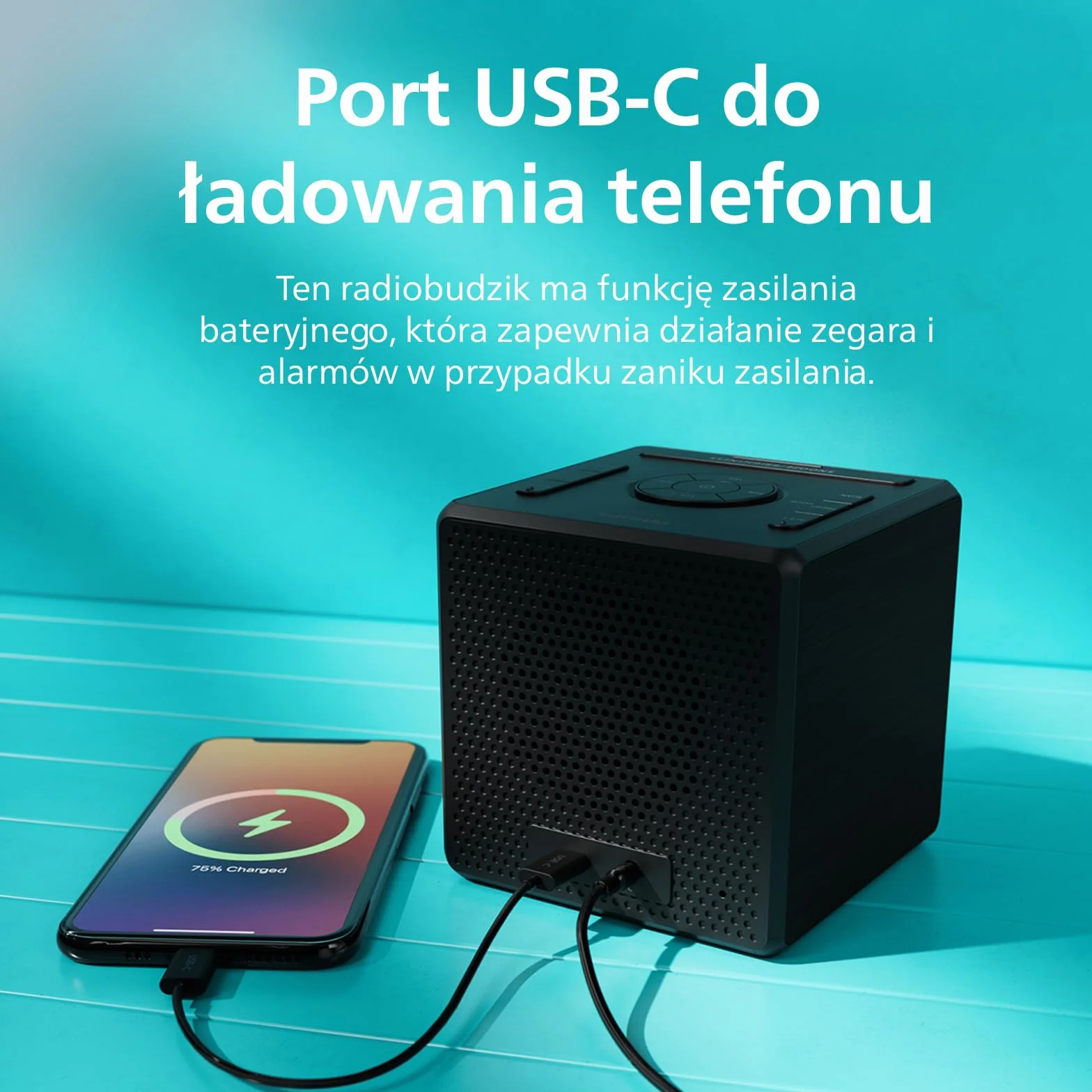 Philips TAR4500 Radiobudzik FM z podwójnym alarmem i portem USB-C