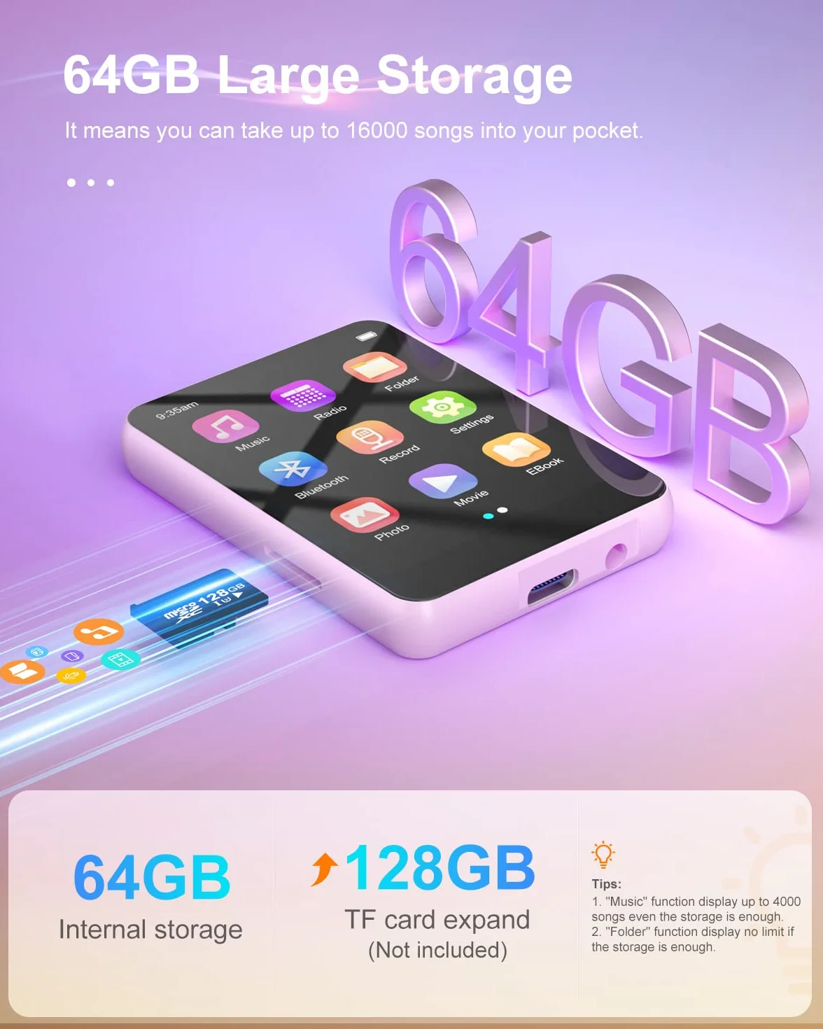 64 GB odtwarzacz MP3 z Bluetooth 5.0, odtwarzacz muzyki z wbudowanym głośnikiem HD, dźwięk HiFi, ekran dotykowy, radio FM, dyktafon, E-book, zestaw słuchawkowy, rozszerzalny 128 GB TF