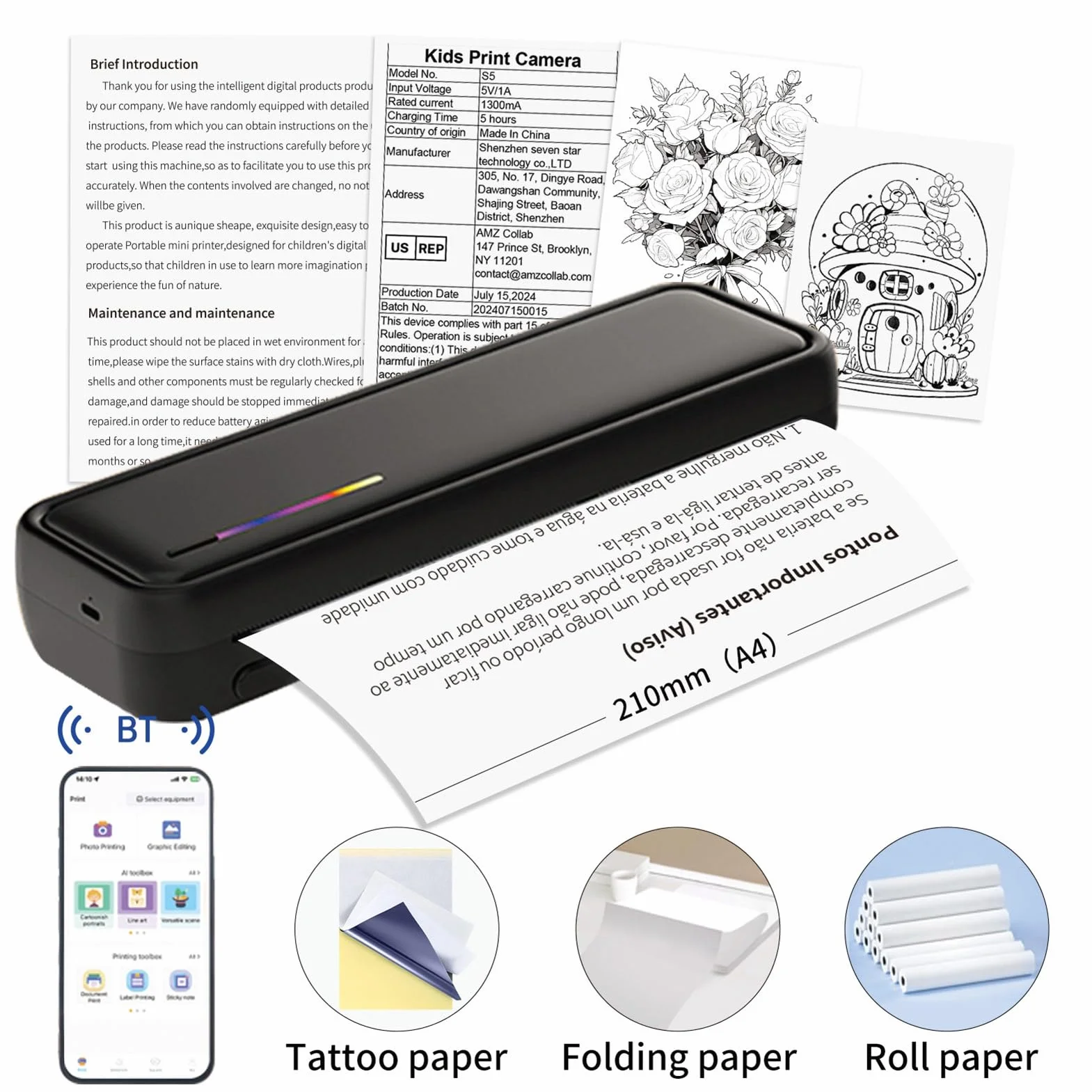 Przenośna drukarka termiczna A4 Bezprzewodowa BT kompatybilna iOS Android 210 mm