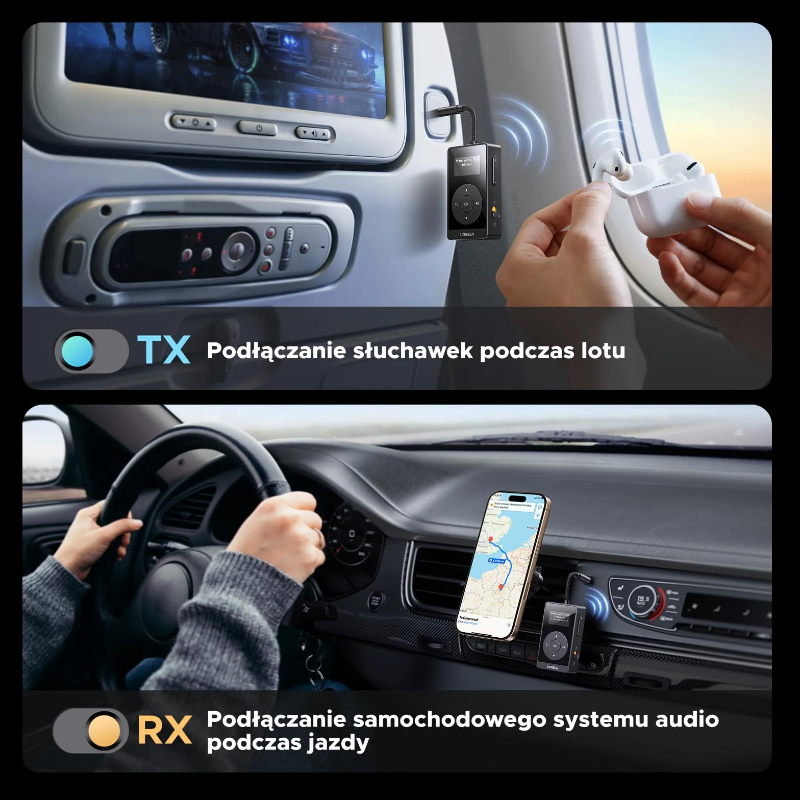 UGREEN aptX AD-HQ Bluetooth Transmitter Jack Adapter Bluetooth ze wskaźnikiem LED dla 2 słuchawek Airpods,nadajnik-odbiornik kompatybilny z TV,samolotem,samochodem,32-godzinna żywotność baterii