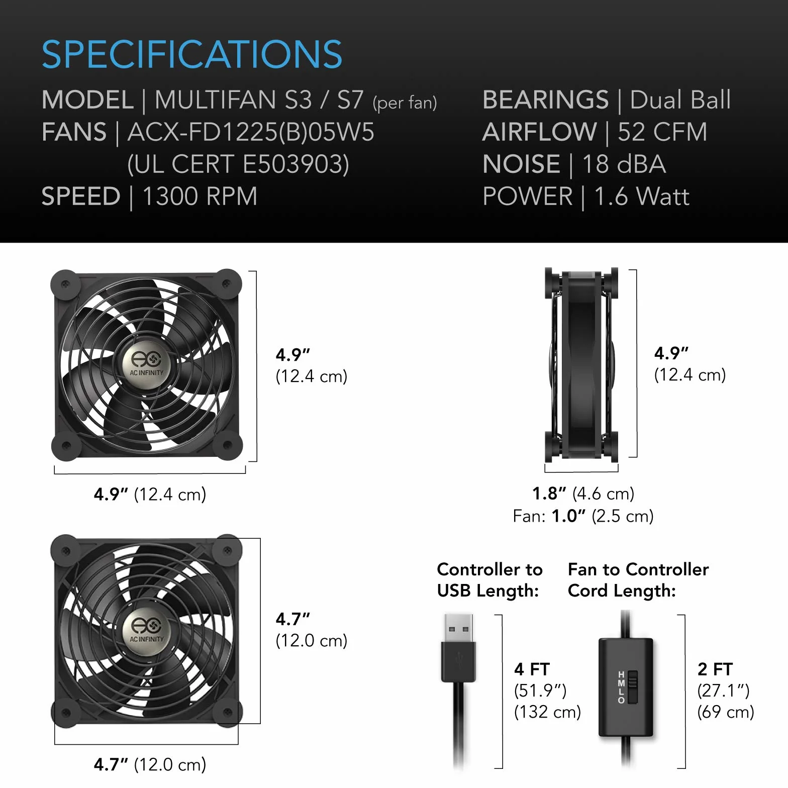 AC Infinity MULTIFAN S7, cichy, podwójny wentylator USB 120 mm do odbiornika, DVR, Playstation, Xbox, szafy, chłodzenia komputera