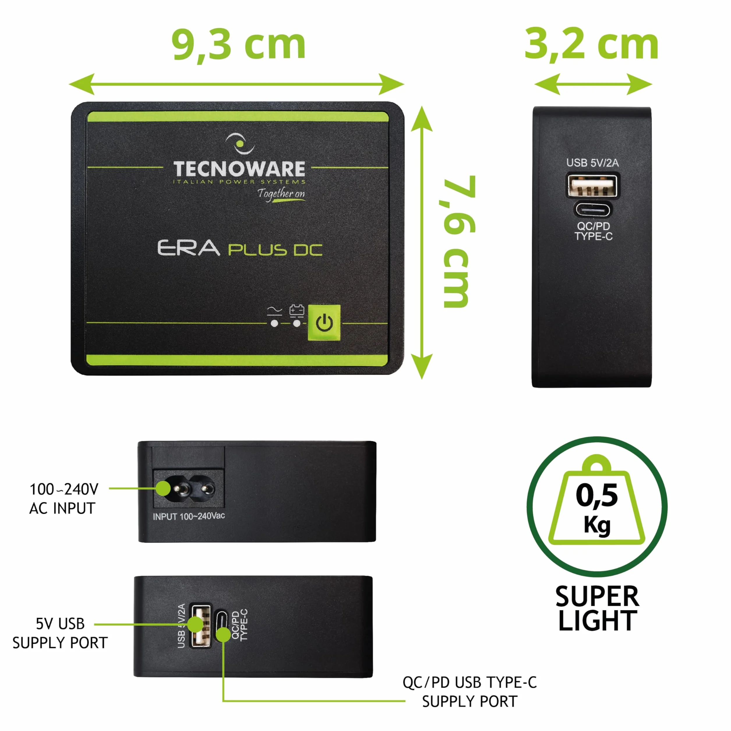 Tecnoware Power Systems Mini UPS ERA PLUS DC do WiFi/modemu, nie do PC gaming/konsol, USB-C/USB-A, Powerbank 5200mAh, ochrona przed przepięciami i blackoutem do 240 min