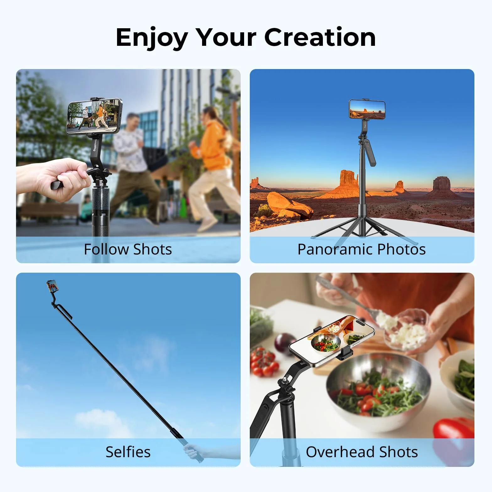 SMALLRIG 73" Phone Tripod Stand w Ground Nail, Selfie Stick Tripod with Remote, 4 Legs, 360° Handle, for Phone, Camera, Action Camera, for Recording, Overhead Shot, Streaming 4668
