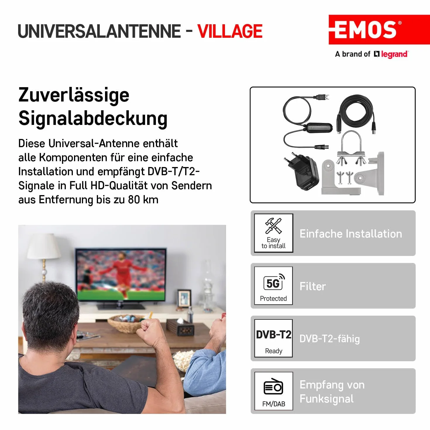 EMOS Antena cyfrowa ze wzmacniaczem aktywna Village zasięg 0-80 km FM DAB DVB-T DVB-T2 filtr LTE 4G 5G kąt odbioru 360° odporna na warunki
