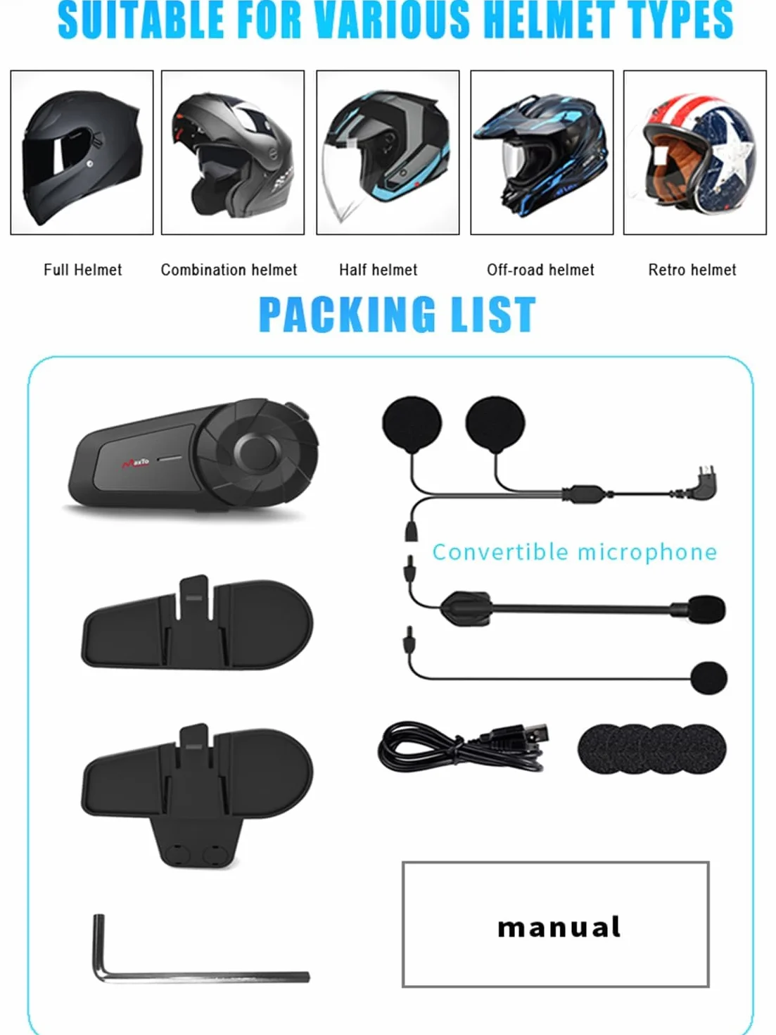 Maxto Motocyklowy zestaw słuchawkowy Bluetooth,MX1 2 Riders, uniwersalne systemy komunikacji interkomowej,dźwięk stereo HiFi, wodoodporność IPX6,sterowanie muzyką, kask motocyklowy głośnik