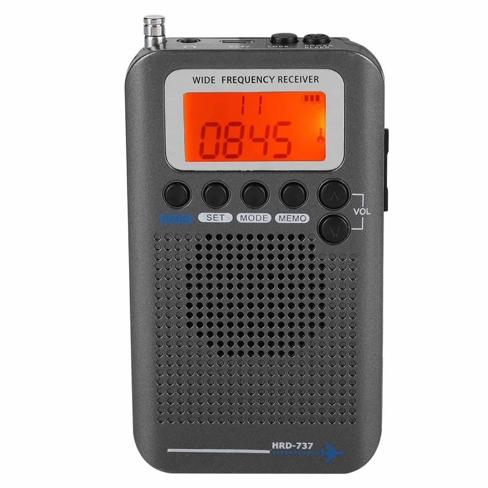 VHF Airband odbiornik radiowy, AIR/FM/AM/CB/VHF/SW przenośny pełnozakresowy samolot ręczny rejestrator radiowy podróżny z rozszerzoną anteną, wbudowana bateria, wyświetlacz LCD o dużej częstotliwości