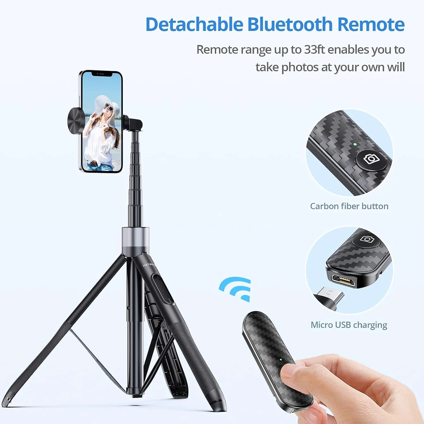 ATUMTEK kijek do selfie o długości 150 cm, z wytrzymałego aluminium i antypoślizgowymi nóżkami do telefonów iPhone/telefonów z systemem Android, do selfie, nagrywania wideoblogów i transmisji na żywo