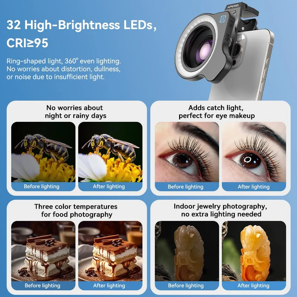 APEXEL HB100 Ultra HD obiektyw makro do telefonu z 45 opcjami oświetlenia i antyrefleksyjnym obiektywem makro AF nadaje się do iPhone, Samsung, Pixel i innych smartfonów